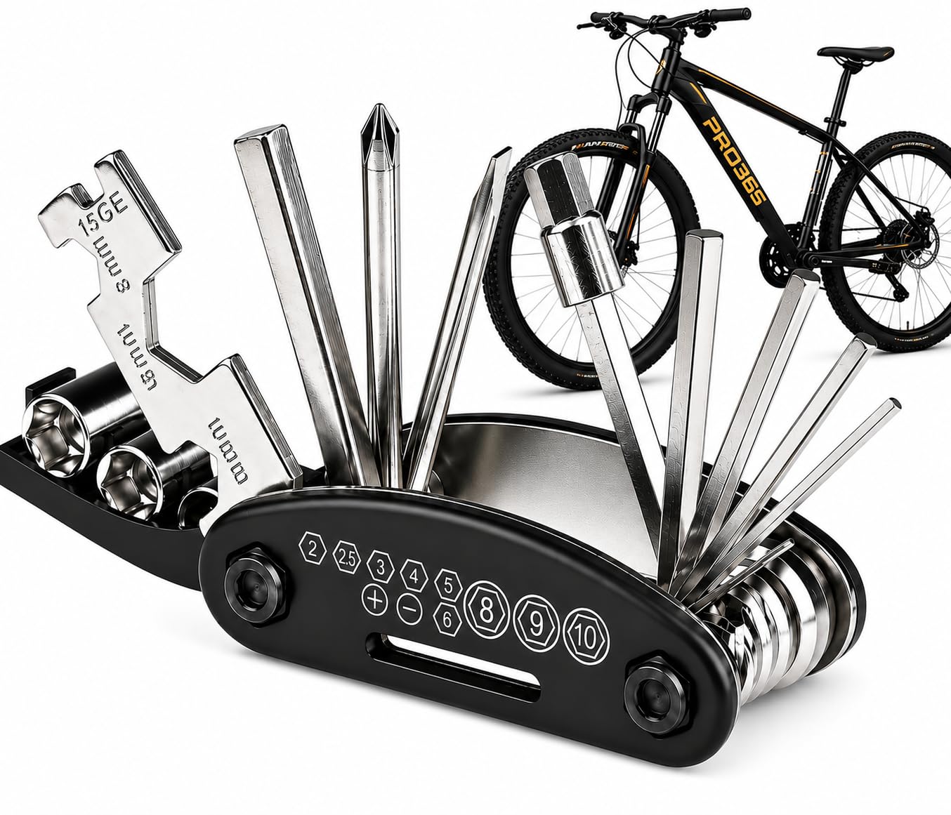 PRO365 16-in-1 Bicycle Repair Tool Kit – Multi-Functional Bike Multitool with Allen Keys, Screwdrivers, Spoke Wrench & Spanner | Portable Foldable Cycle Repair Tool for MTB, Road & Hybrid Bikes-image-38