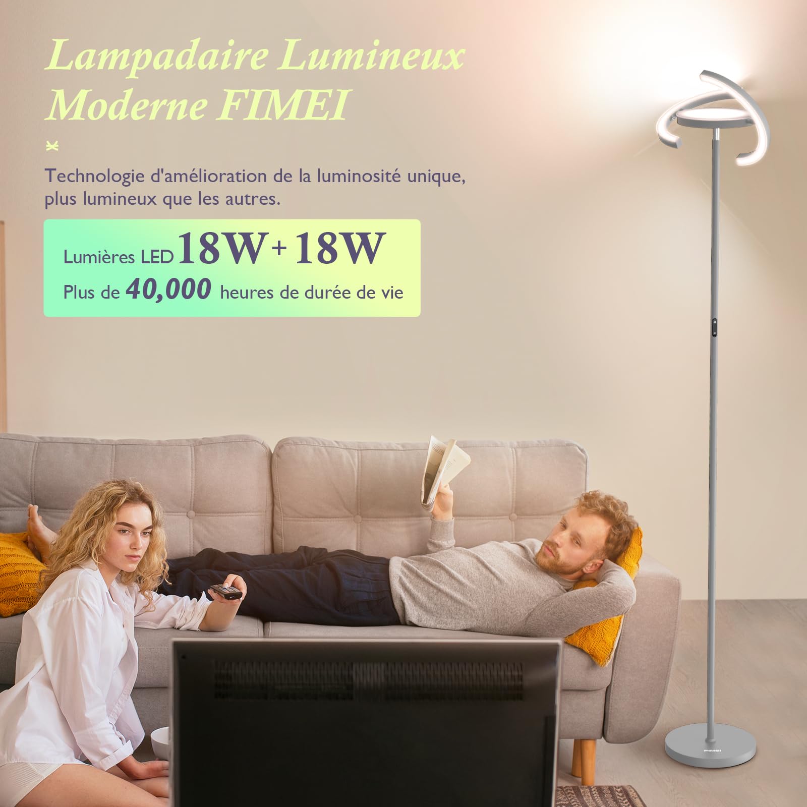 FIMEI Lampadaire, 3000K-6000K Température de Couleur & Gradation Continue, Avec Télécommande et Commande Tactile, Lampadaire Led sur Pied pour Salon, Lumière Centrale Vers le Haut, 36W