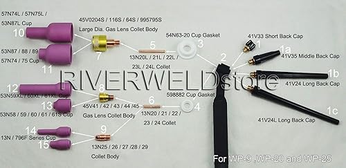 Miniatura 7 de RIVERWELD TIG Collet Body Copa de aluminio Tamaños surtidos Fit PTA DB SR WP 9 20 25 TIG Antorcha de soldadura Consumibles 53pcs