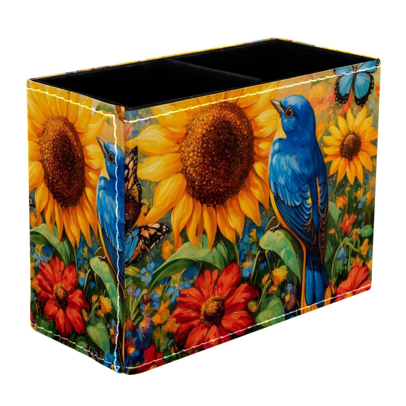 FWJZDSP Pencil Holder for Desk, Sunflowers Bird Pen Holder Storage Desktop Pen Organizer Desk Pencil Organizer Makeup Brush Holder for Office School College