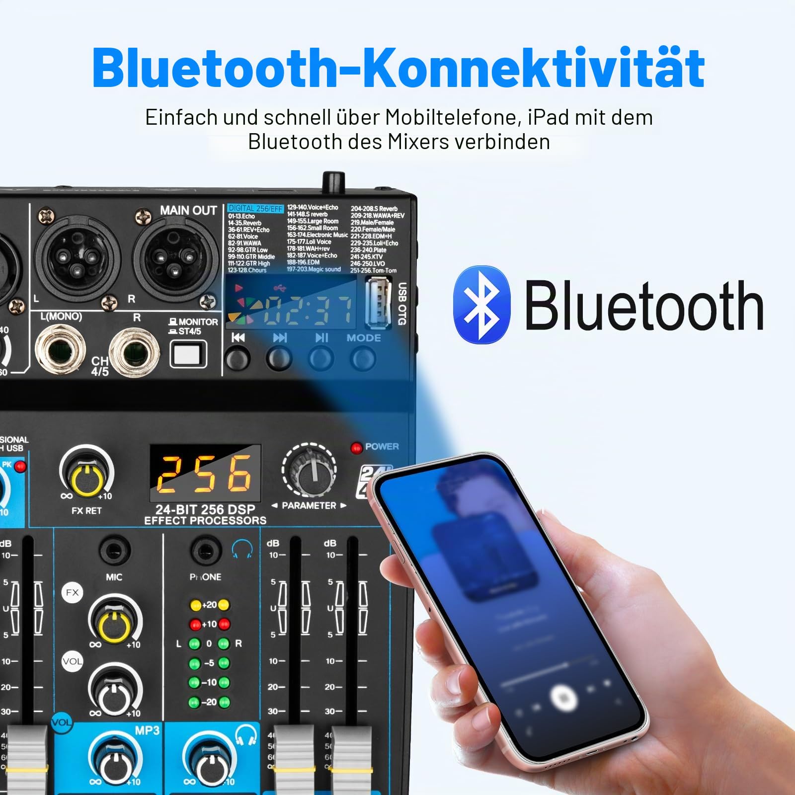 Depusheng Professioneller Audiomixer Digital FX 256-Bit DSP USB Bluetooth MP3 Computer DJ Mixer 5-Kanal-Eingangsschnittstelle mit 48-V-Phantomspeisung für PC-Aufnahme, Live-Streaming, Karaoke