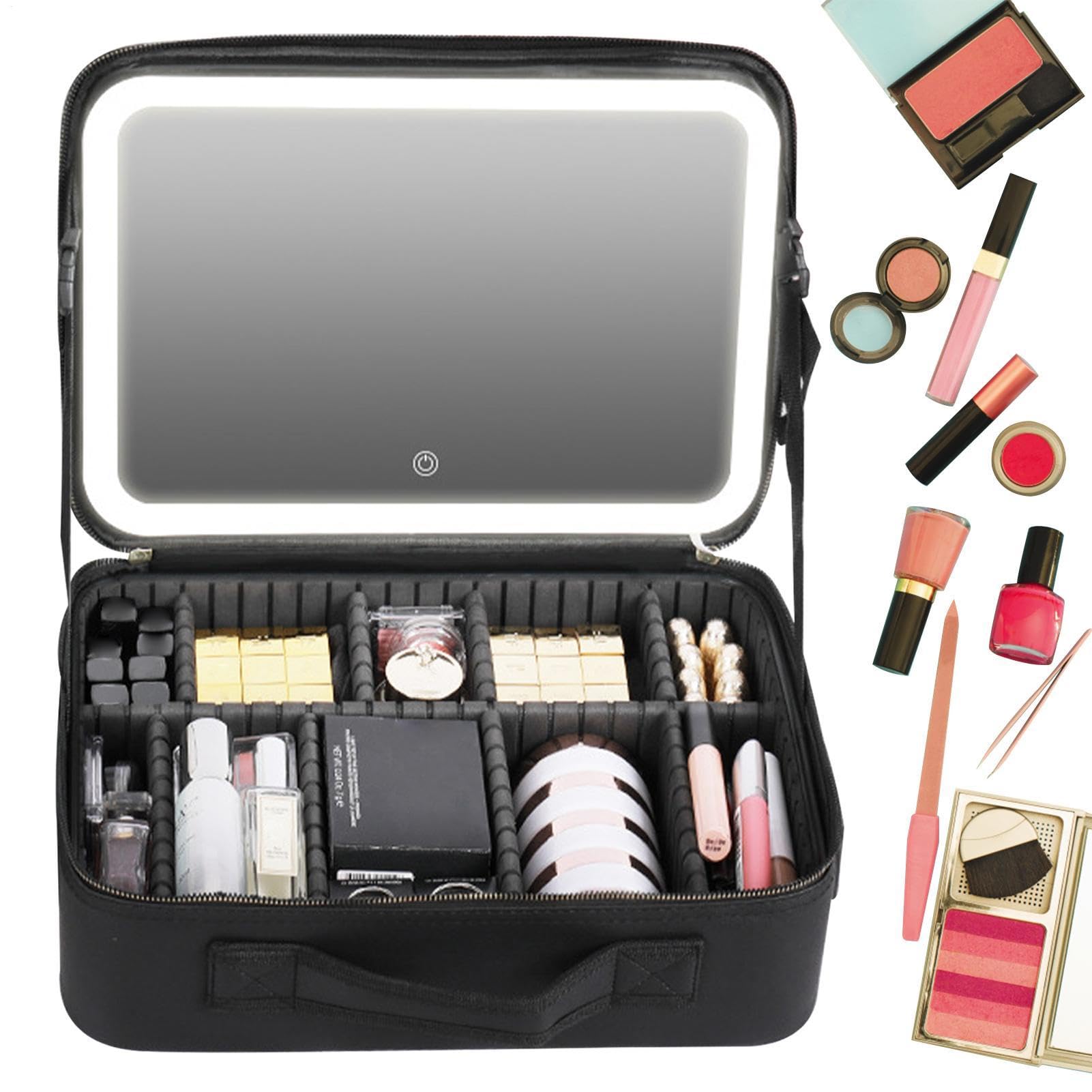 Neceser portátil – Estuche de Maquillaje de Viaje para Mujer, Estuche de | Maquillaje con Cremallera, portátil a Prueba de Polvo con Espejo y Luces, Varios Compartimentos, Negro, Small, Consulte