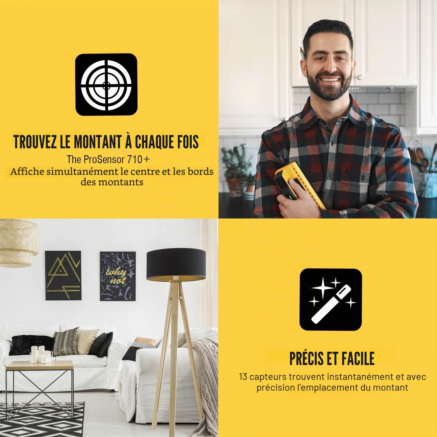 Franklin Sensors FS710PRO ProSensor 710+ Détecteur de montants professionnel avec 13 capteurs pour une précision maximale Détecte les clous en bois et métal à haute vitesse Jaune