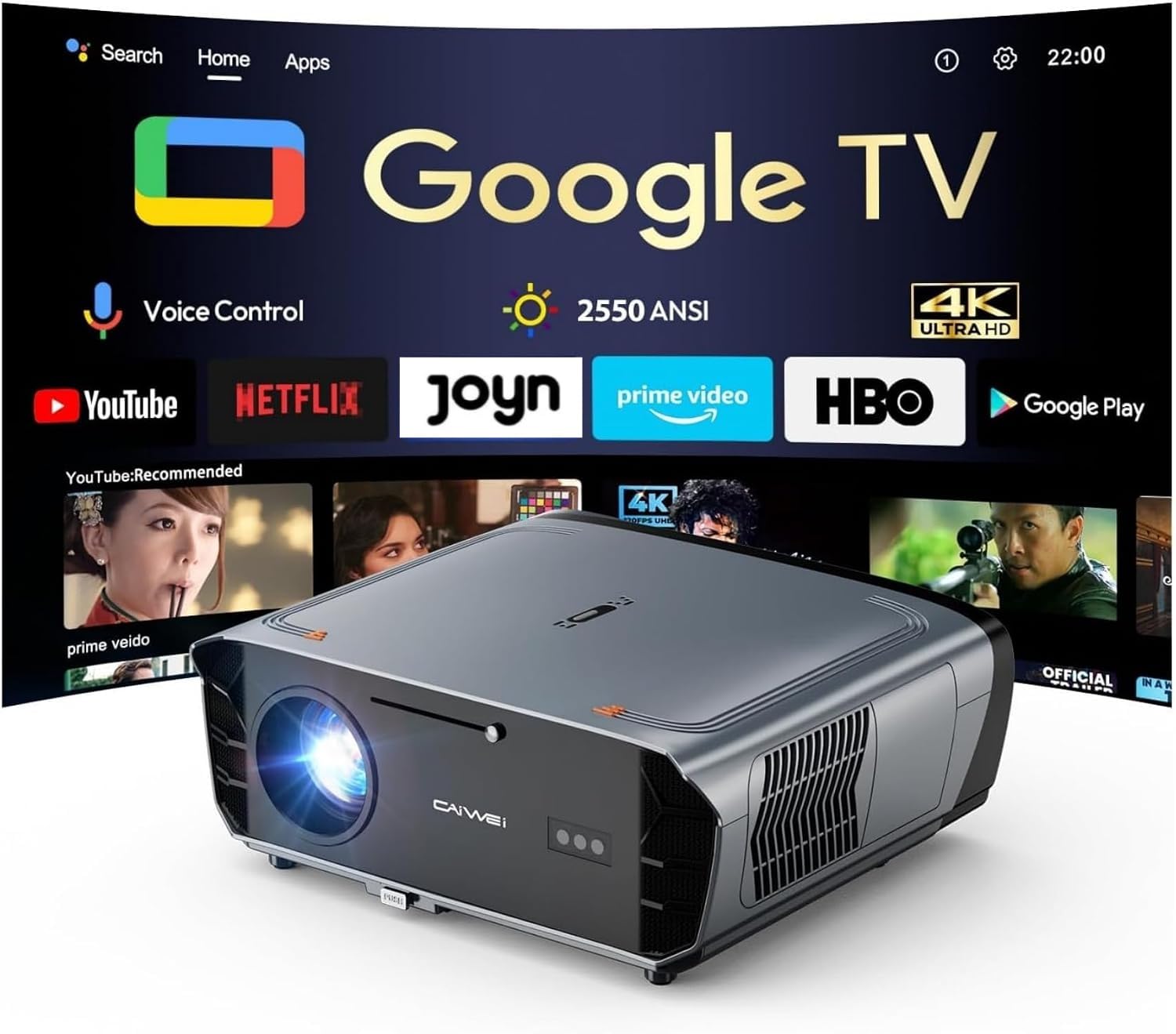 4K Google TV Tageslicht Beamer 2550 ANSI-Lumen Projektor für Heimkino | Smart Beamer,Streaming-Apps, 70W Dolby Audio,ToF-Autofokus,WLAN6,BT5.4 & NFC,HDMI ARC,MEMC Filme ,Gaming und Outdoor