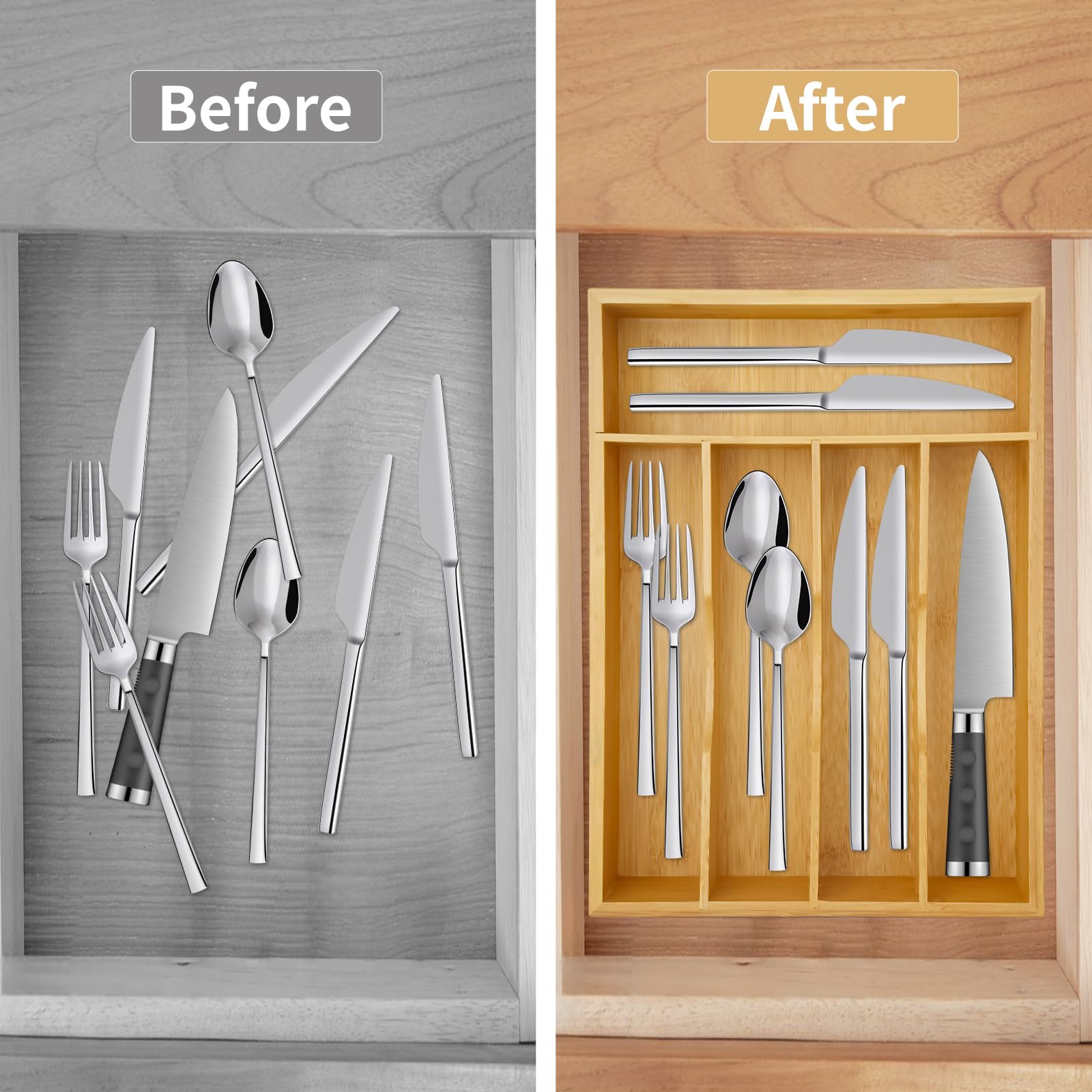 lBamboo - Organizador de cubiertos para cajón, organizador de utensilios, soporte para cubiertos y bandeja de utensilios con separadores de cajones para cubiertos de cocina Orgazier