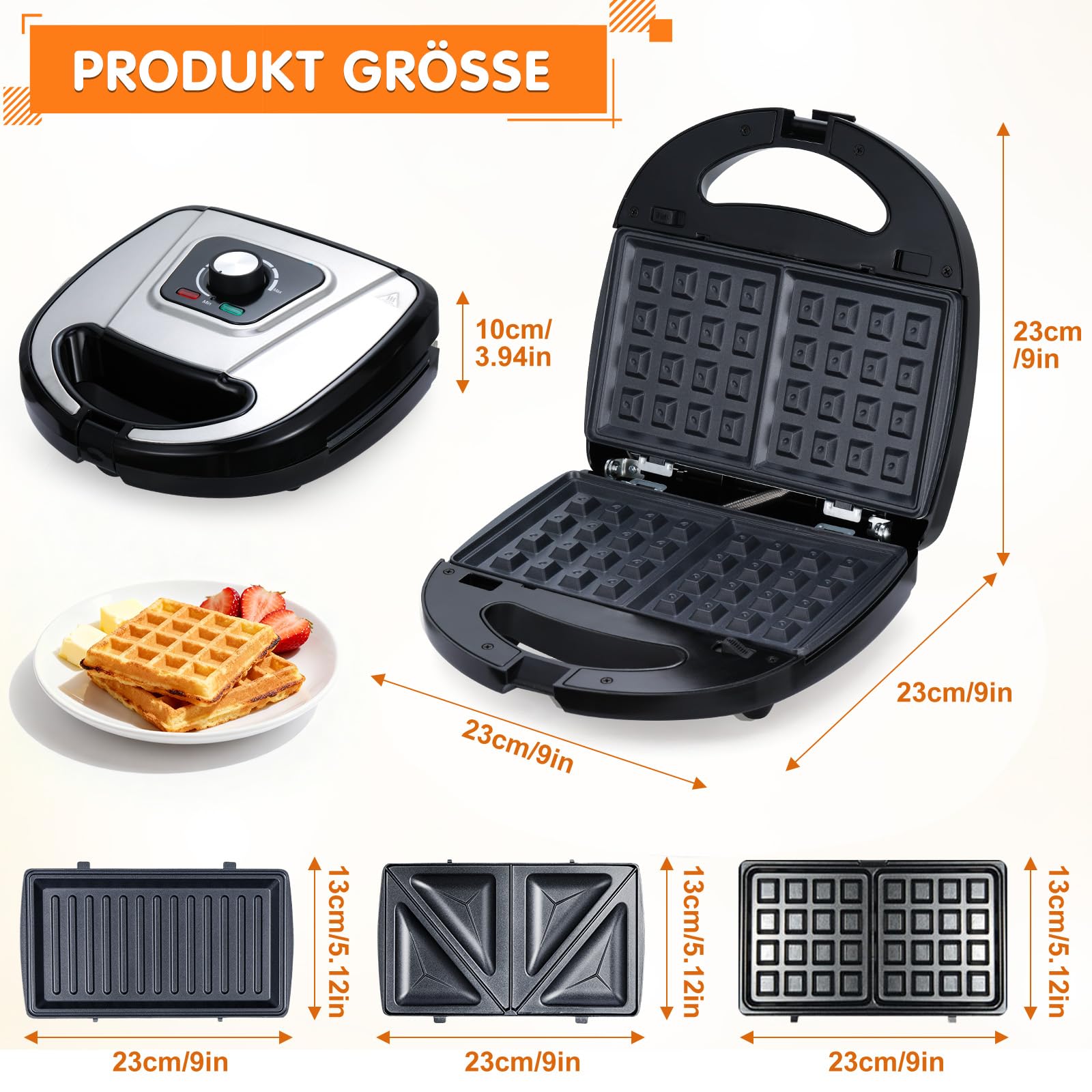 3 IN 1 Frühstücks Sandwichmaker, Elektrisches Waffeleisen | Panini-Grill, Abnehmbare Antihaft-Platten, Für Grillgerichte, Desserts, Waffeln und Sandwiches