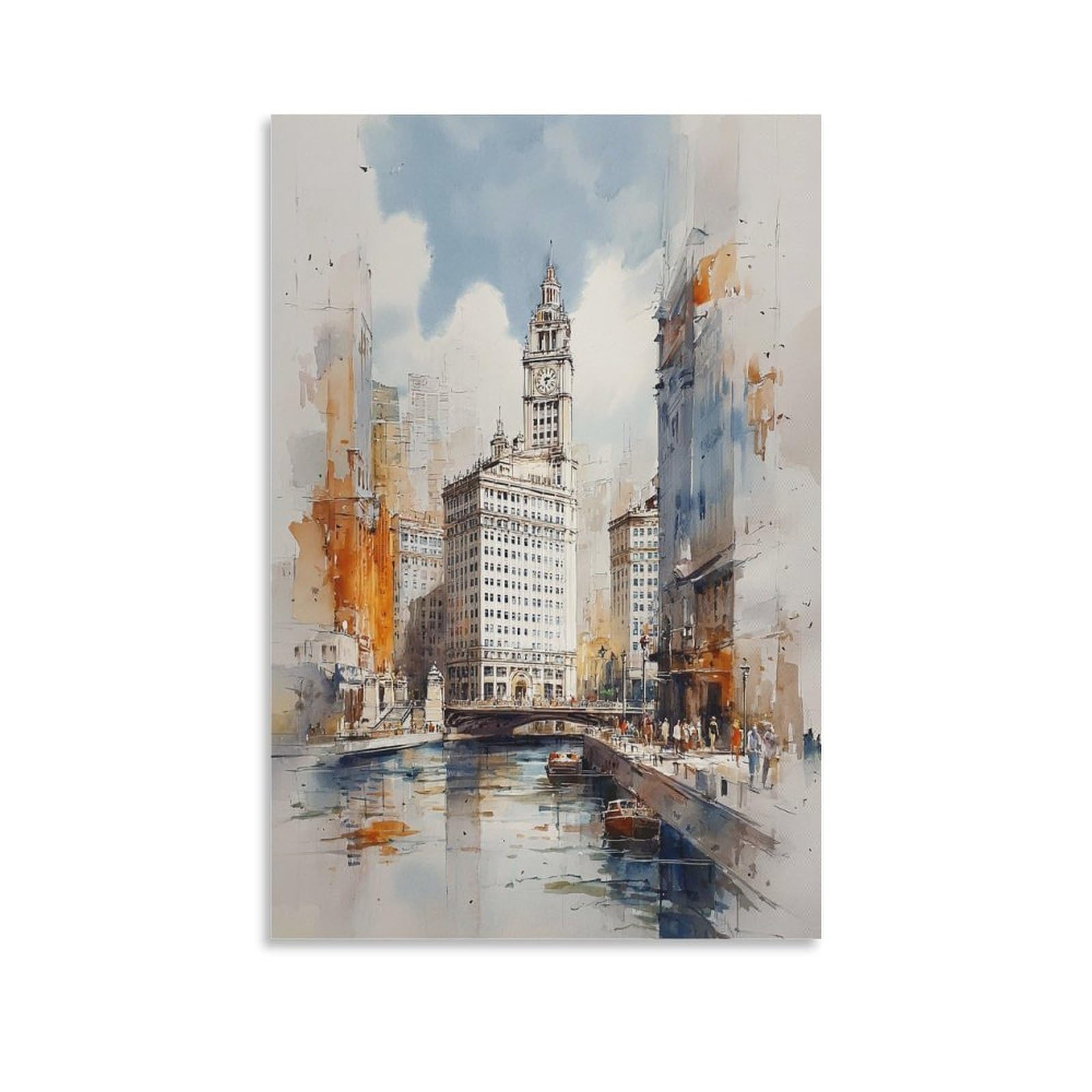 XWYMXZ Chicago Watercolor Vibrant Travel Poster 24x36inch(60x90cm) Vintage Watercolor Canvas Art
