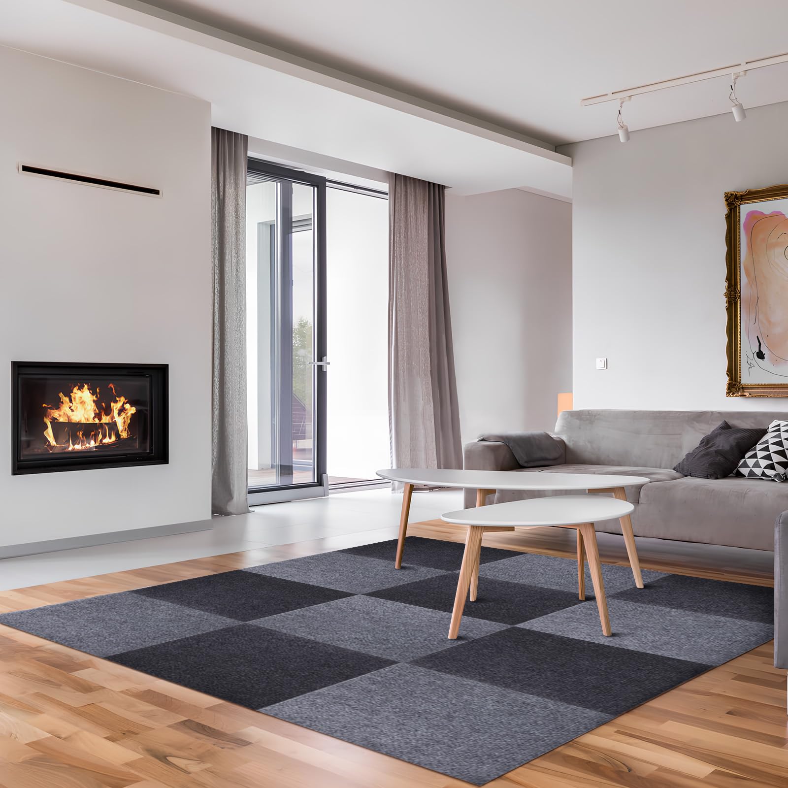 Dalles de moquette grises autocollantes VALICLUD : rénovation sol moderne pour maison et bureau