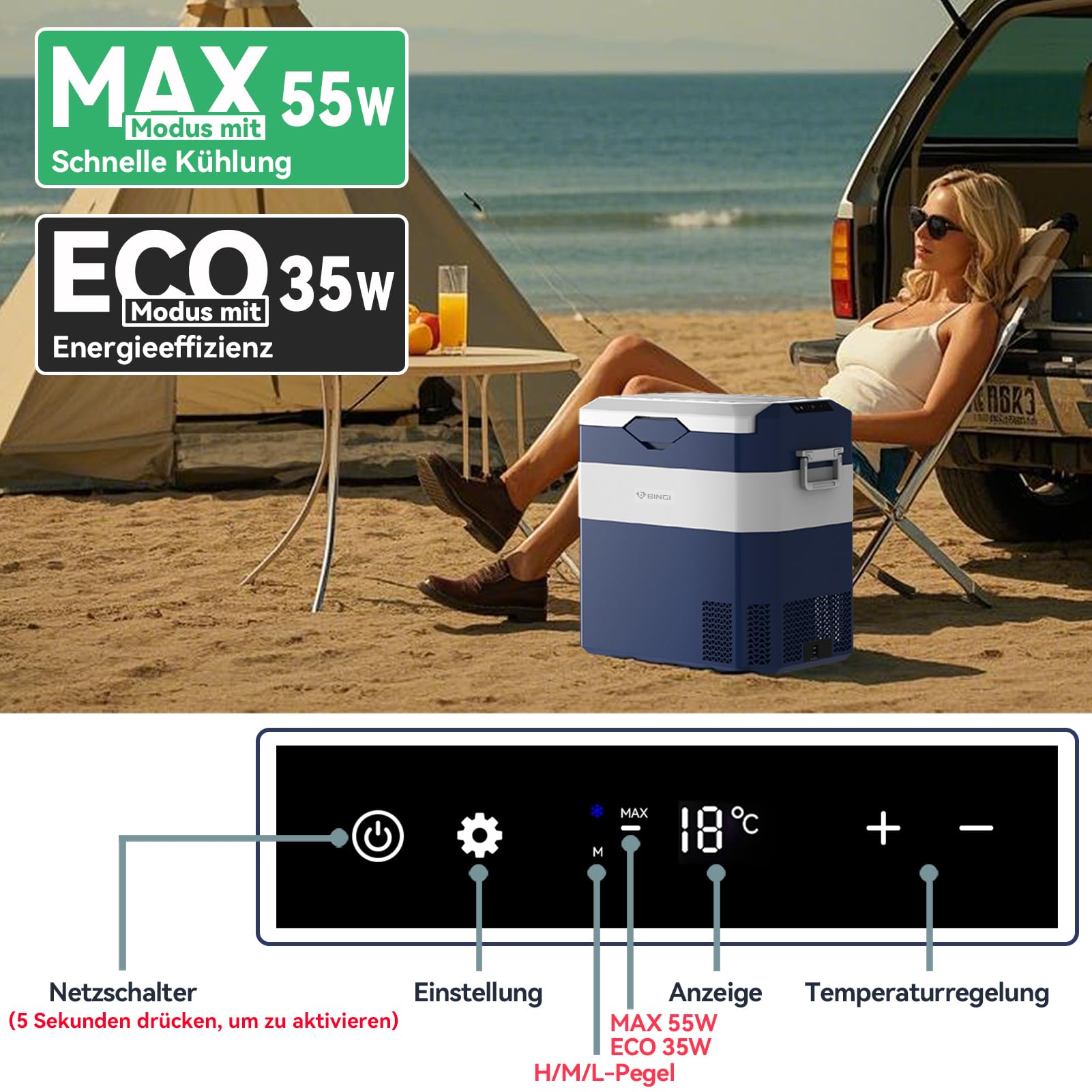 BINGI Kompressor Kühlbox 42L Tragbarer Auto-Kühlschrank 12/24V DC und 230V AC Mini Gefrierschrank für Auto, LKW, Camping, Wohnmobil und Zuhause (15℃ bis -18℃)