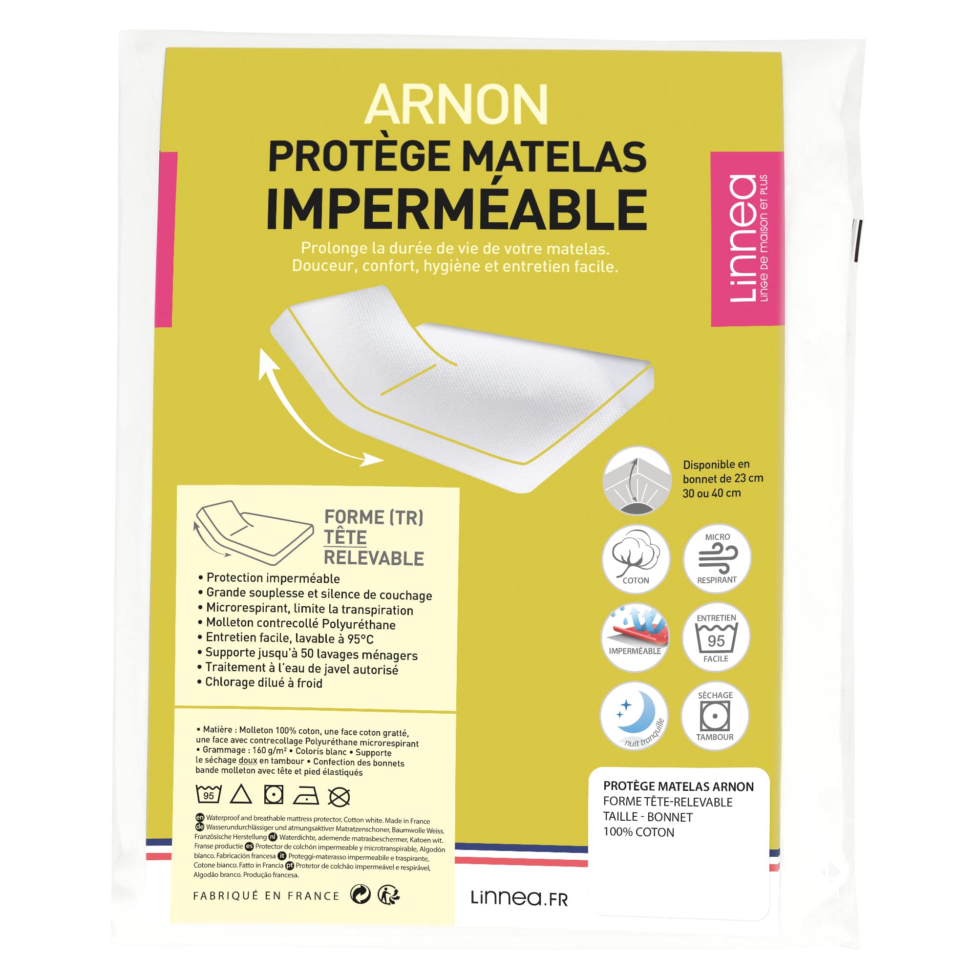 Linnea Protège Matelas imperméable 2x80x200 cm lit articulé TR Bonnet 30cm Arnon Molleton 100% Coton contrecollé polyuréthane