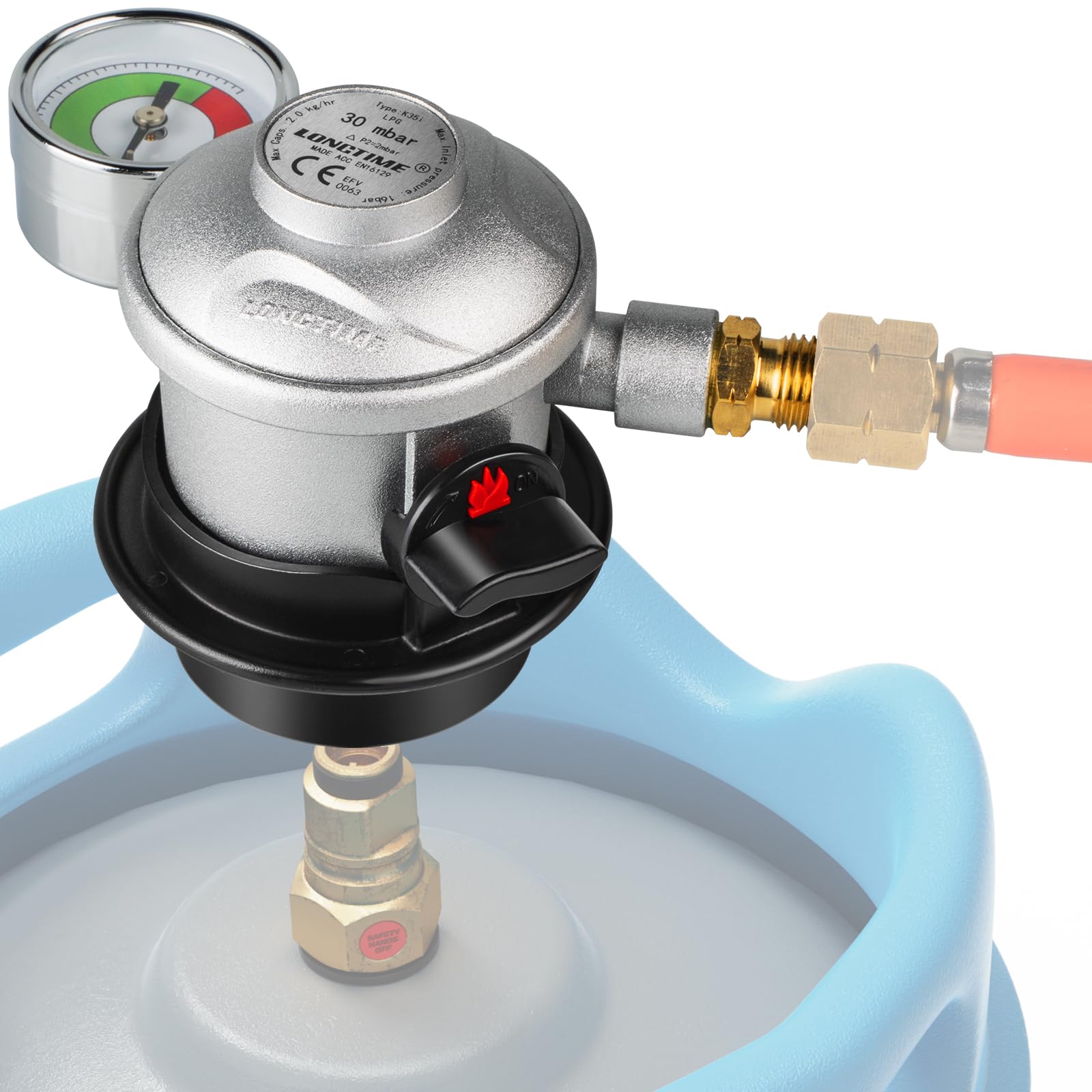 Jeebel Adaptador Jumbo Clip-On Ø35mm(G.56) | Regulador de Presión Gas 30 mbar con Manómetro, Valvula Seguridad, Rosca 1/4"LH | Accesorio para Botella Gas para Viaje-RV en Dinamarca, Portugal, Noruega