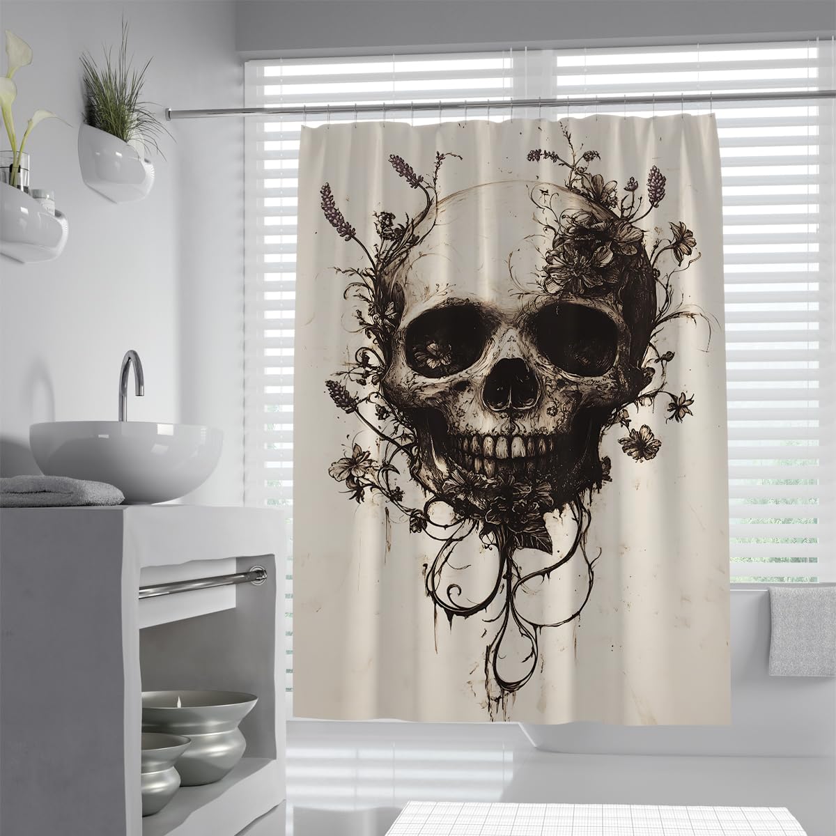 UIRINGART Beige Skeleton Bathroom Curtain W180xL220cm Day of the Dead Antique Bone Face Water Repellent Quick Dry Polyester Bath Decor with Rustproof Grommets