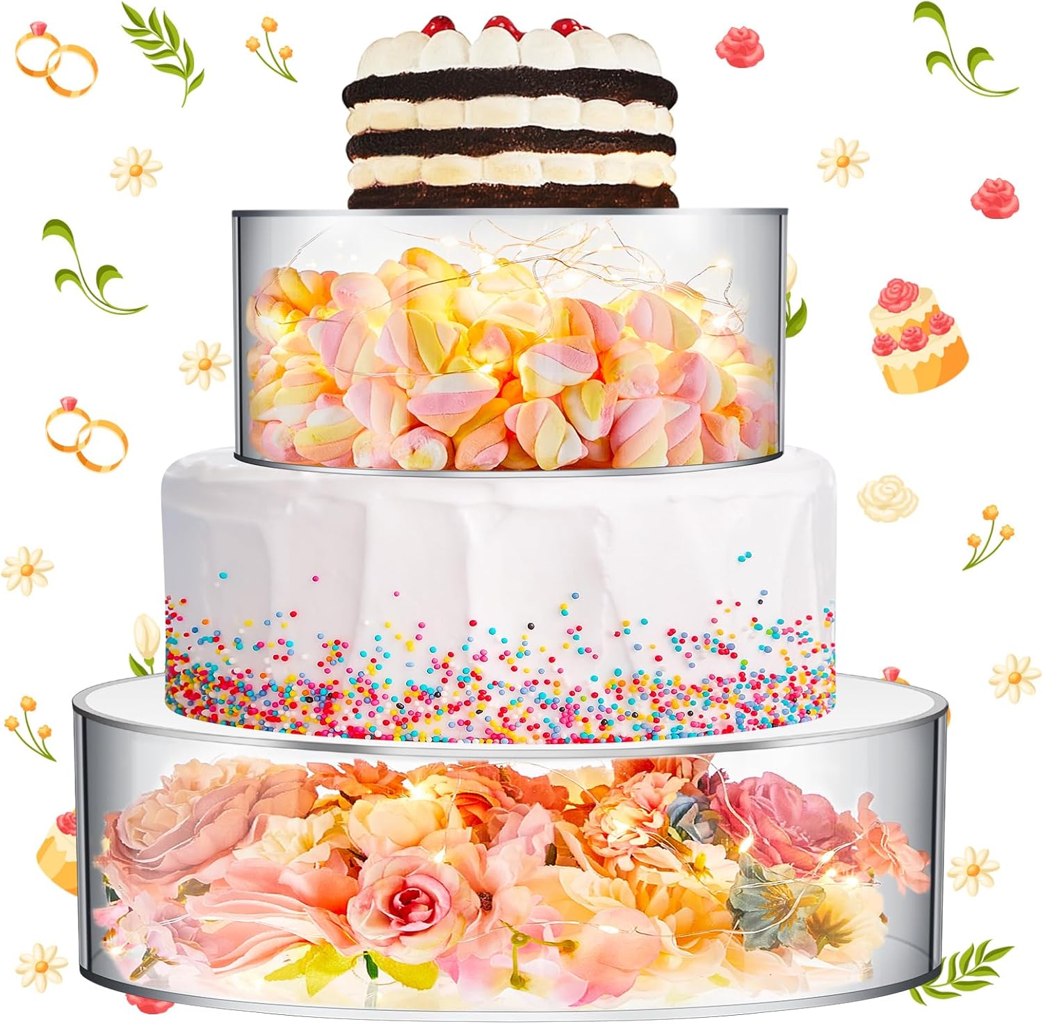 Sunnyray 2 Pcs Acrylic Cake Stands for Dessert Table Clear Fillable Cake Riser Cupcake Tier with LED Strings for Birthday Wedding Holiday Party Display(8'', 12'')