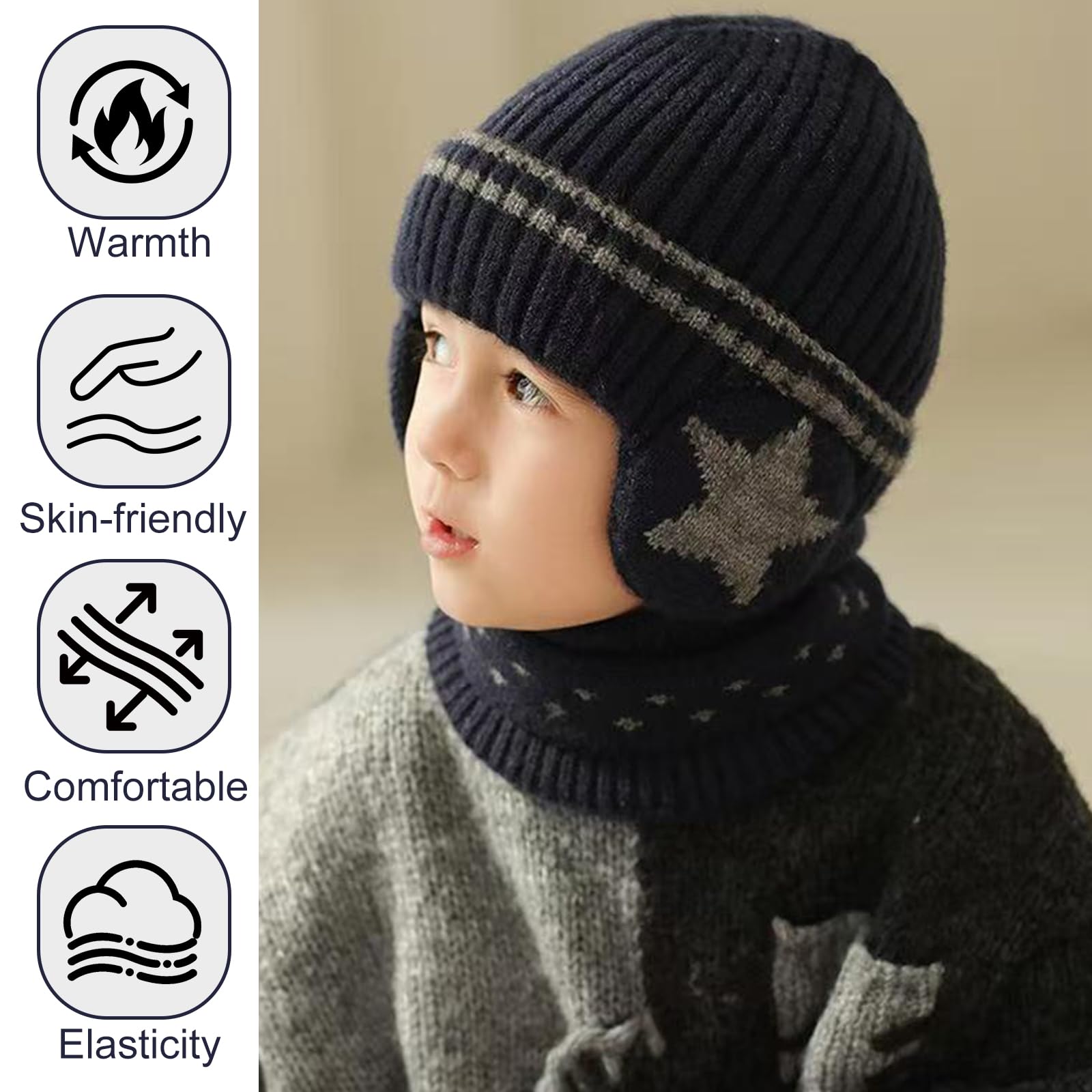 3 Piezas 3 in 1 Conjunto de Gorro Bufanda y Guantes Niños, Niños Sombrero Caliente de Punto con Forro Polar, Calentador de Cuello, Invierno Cálidos Beanie para Niño y Niñas de 3 a 7 Años