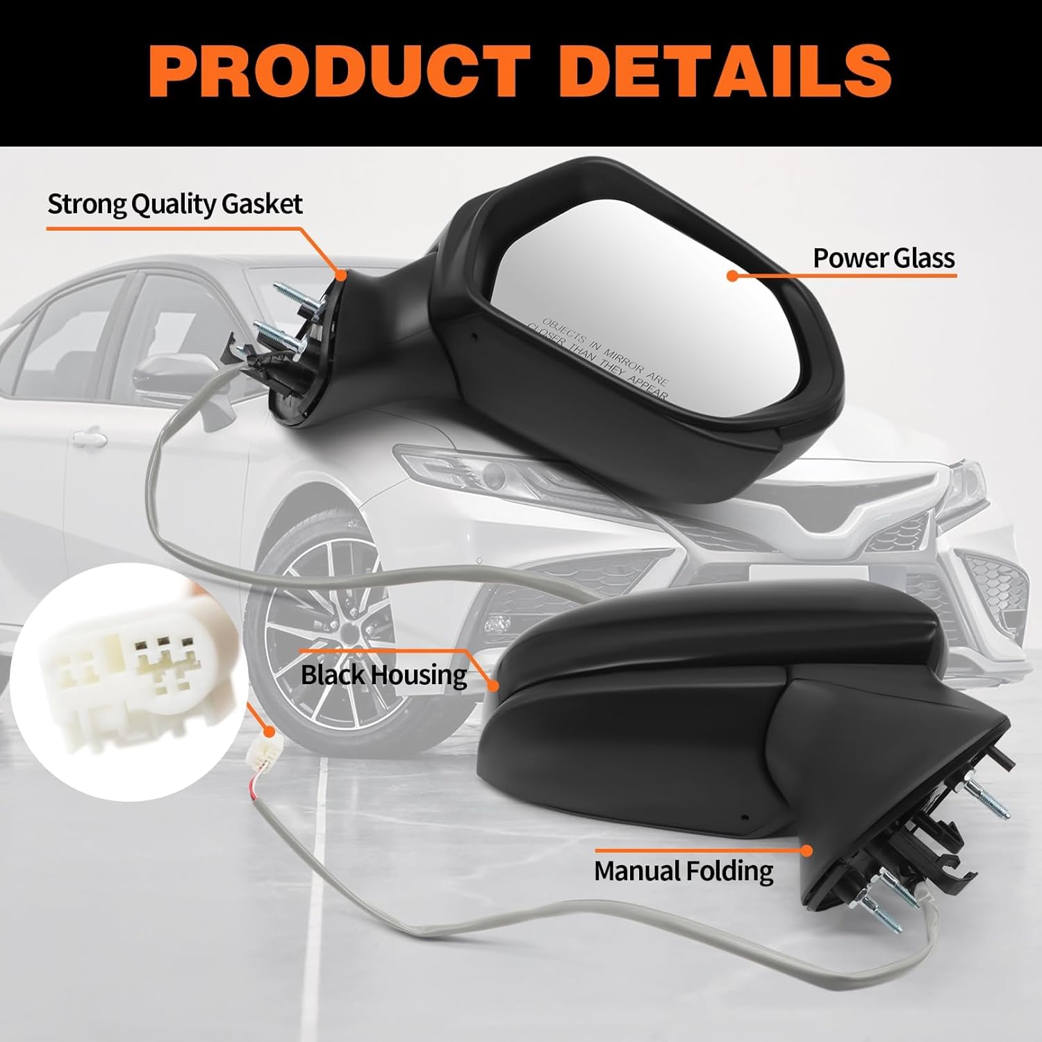 Right Passenger Side Mirror Assembly Compatible with Camry 2018-2024 with Power Glass and Manual Folding Non-Heated Replace 8791006800 TO1321366 Rearview Mirror (3pins Black)