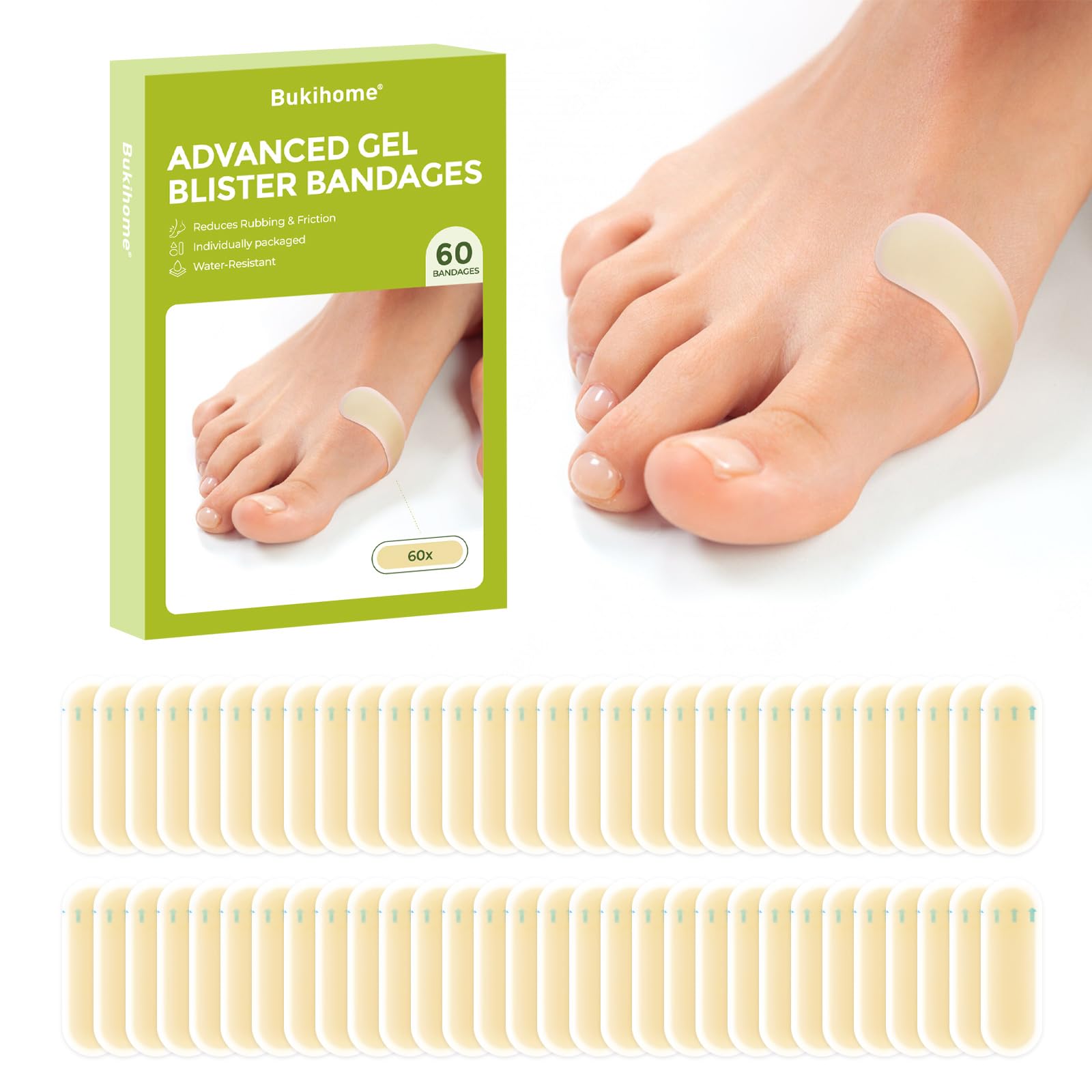 Bukihome Gel Blister Hydrocolloid Bandages - 60Pcs Blister Cushions for Foot - Water Resistant Adhesive Bandages, Toe Blister Pads for Prevention &
