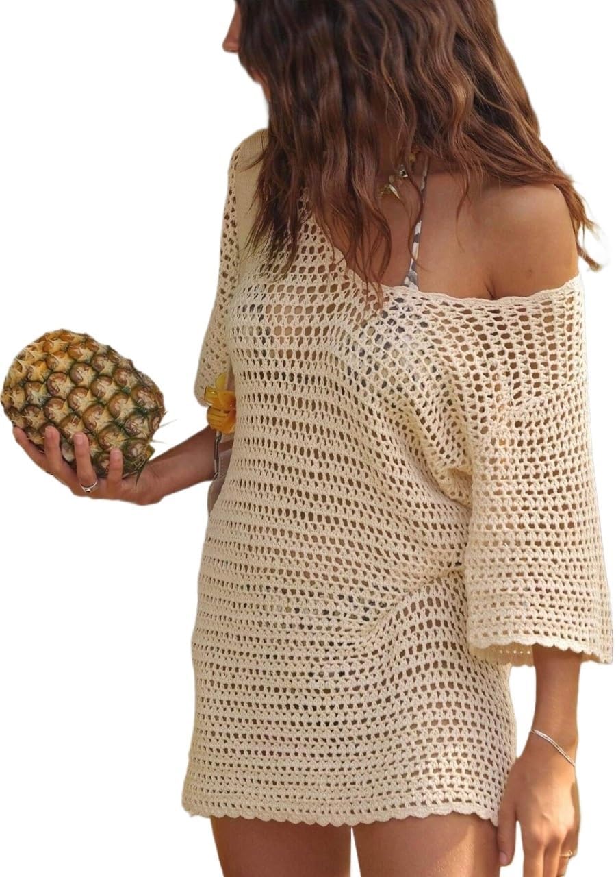swimsuit coverup for women V Neck Half-Sleeve Hollow Out Beach Mini Dress Swimwear Cover Up