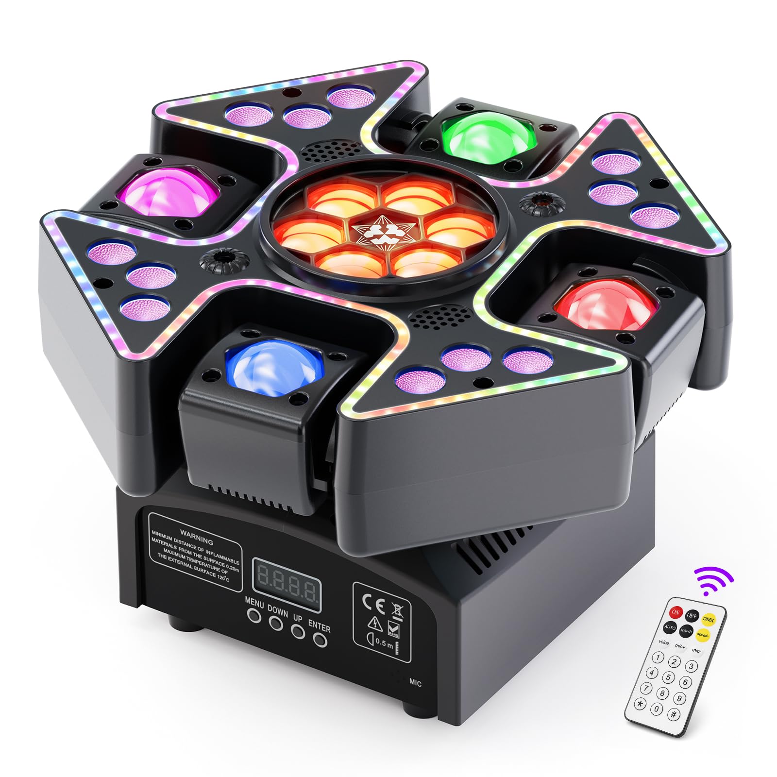 Testa Mobile LED 150W 4 in 1,Occhio d'Ape RGBW con Fascio a 4 Bracci e Wash RGB,Beam Luci Discoteca con Telecomando DMX512,Luci da Palcoscenico per DJ Feste Disco Club Natale Concert Matrimoni