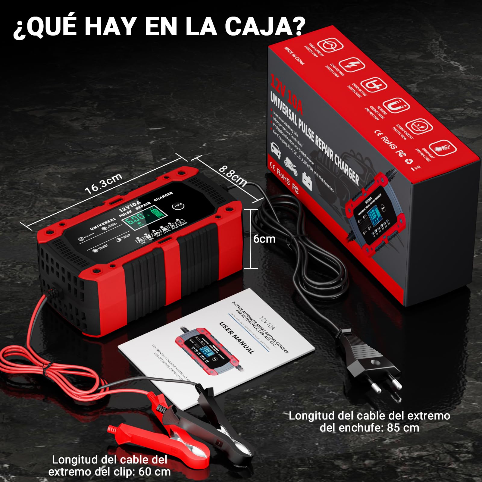 Cargador de Batería de Coche 12V 10A Cargador Baterias Coche y Moto con Pantalla Táctil LCD Inteligente y Múltiples Protecciones Cargador de Batería para Auto Moto Camión AGM, Gel, SLA