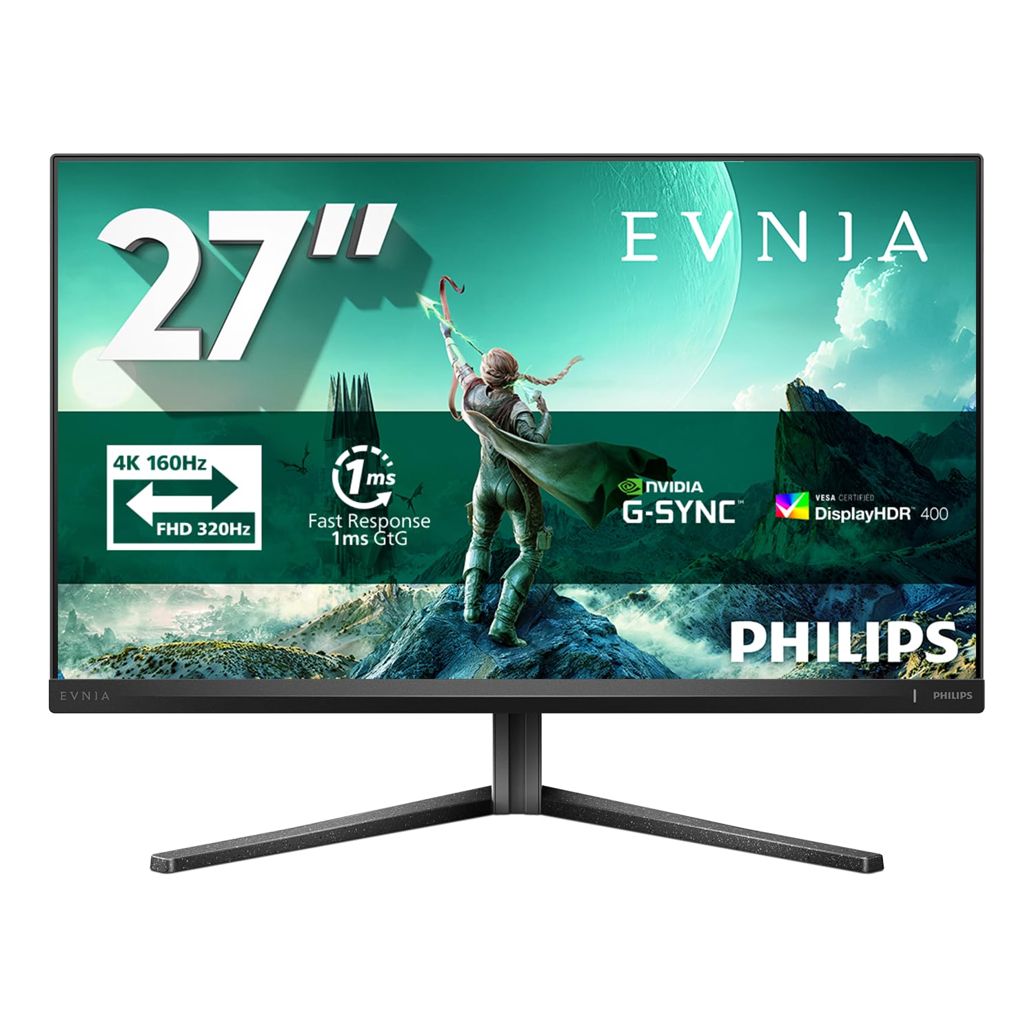 Philips Evnia 27M2N3800A - 27-calowy ekran do gier Ultra HD, 160 Hz, 0,5 ms MPRT, HDR400, G-Sync (2X HDMI 2.1, 1x DisplayPort 1.4, hub USB) Czarny Szary