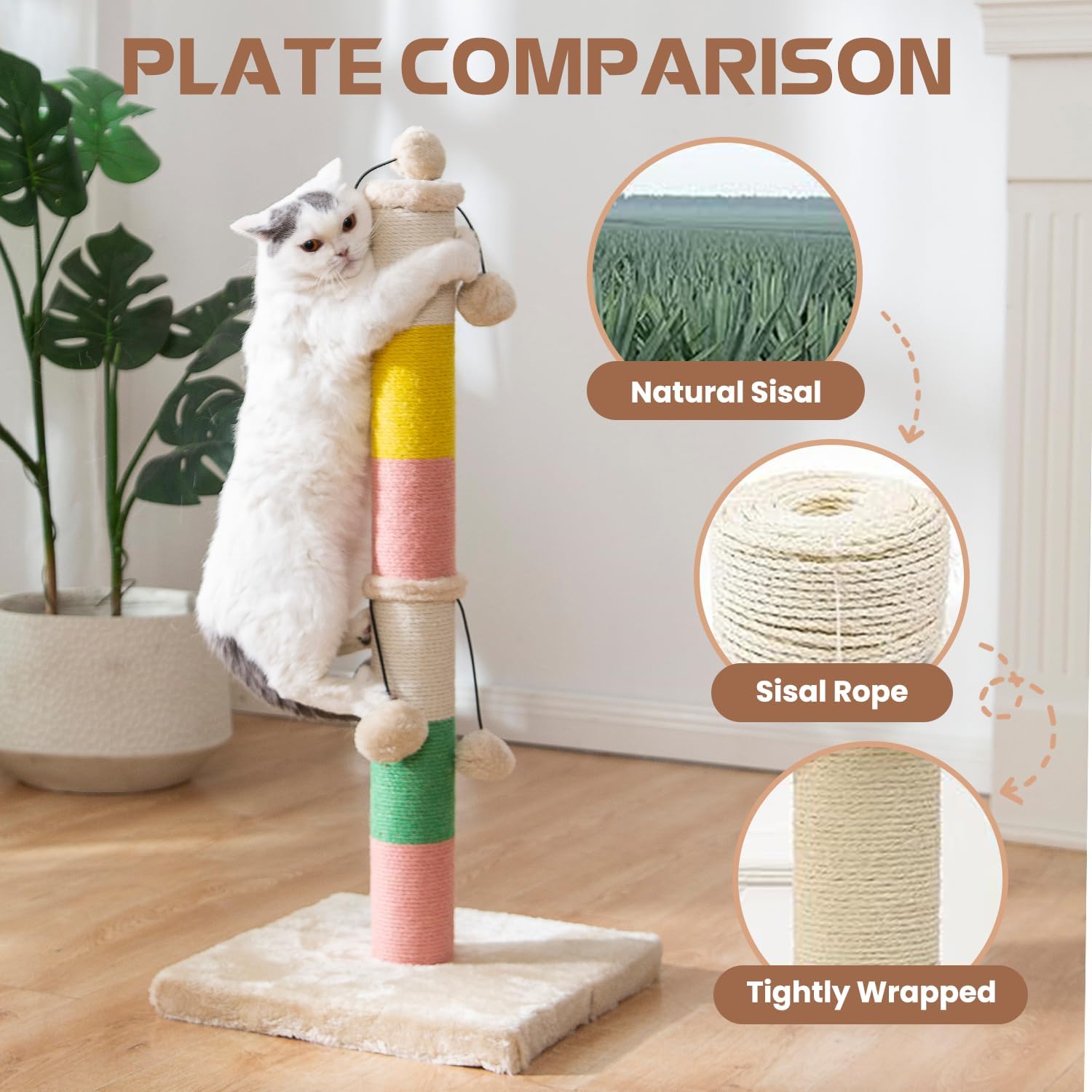 LUCKITTY 30 Inch High Cat Scratching Post with 4 Plush Teasing Toy Balls, Natural Sisal Rope Post and Thickened Base, Red Green Yellow White