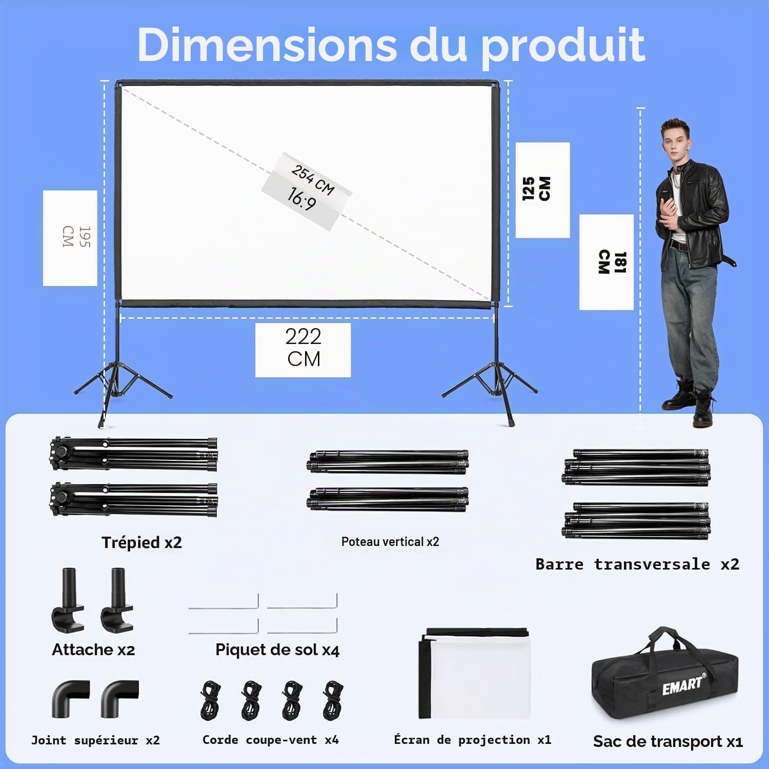 EMART Écran de Projection avec Support 100 Pouces, Écran Videoprojecteur Portatif 16:9 4K Avant et Arrière HD, Toile de Projection sur Pied pour Cinéma Maison, Bureau