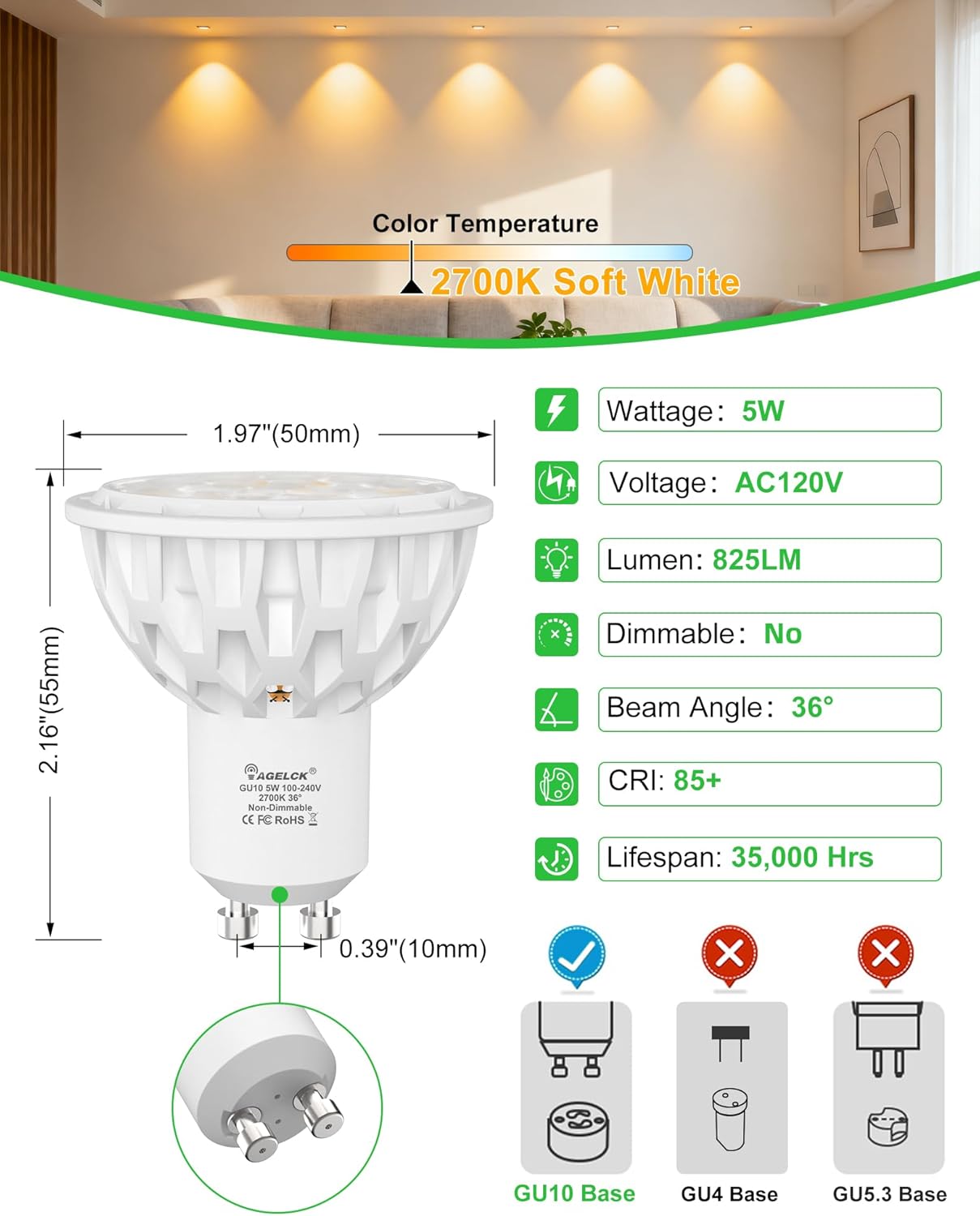 GU10 LED Bulb 5W - Warm White 2700K, 50W Halogen Equivalent, Flicker-Free & Non-Dimmable, 36 Degree Beam Angle, 35000Hrs, Track Light Bulbs for Kitchen, Range Hood, Living Room, Bedroom, 6-Pack