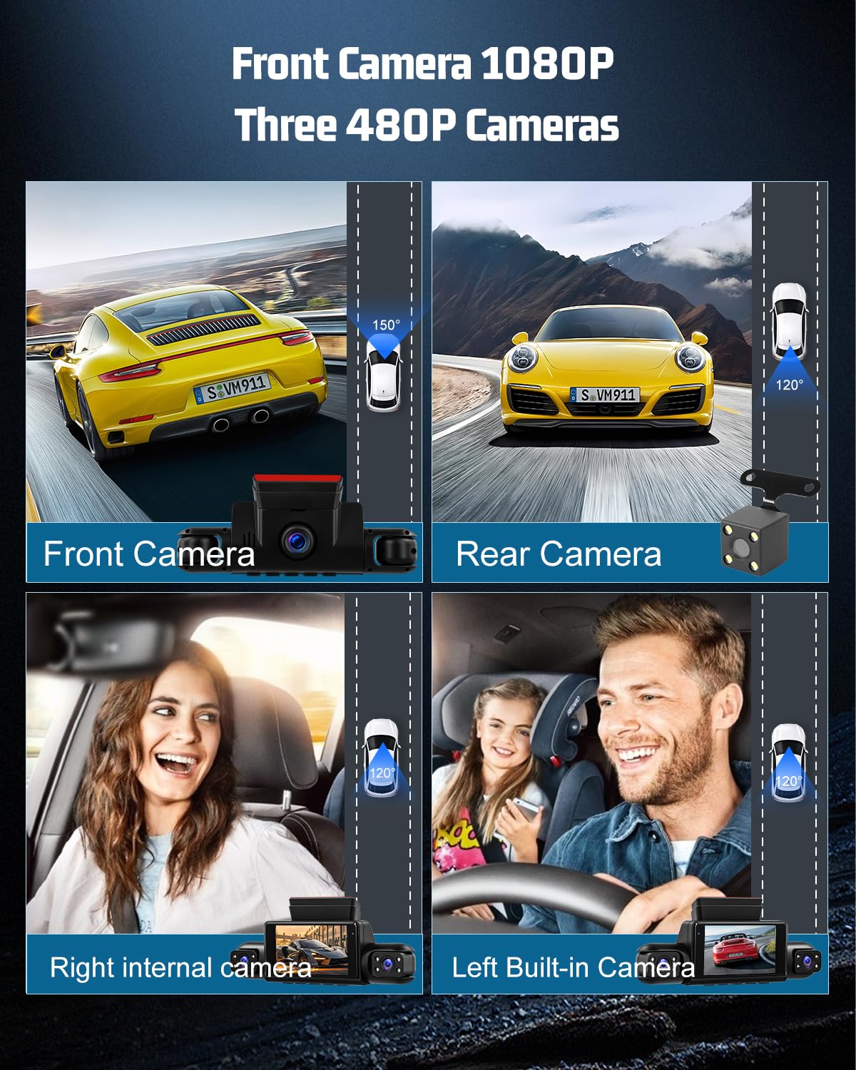 NHOPEEW Dash Cam a 4 canali anteriore e posteriore - Telecamera per auto a 360 gradi con display da 3 pollici, visione notturna IR, registrazione in loop, rilevamento del movimento + scheda TF da 64G