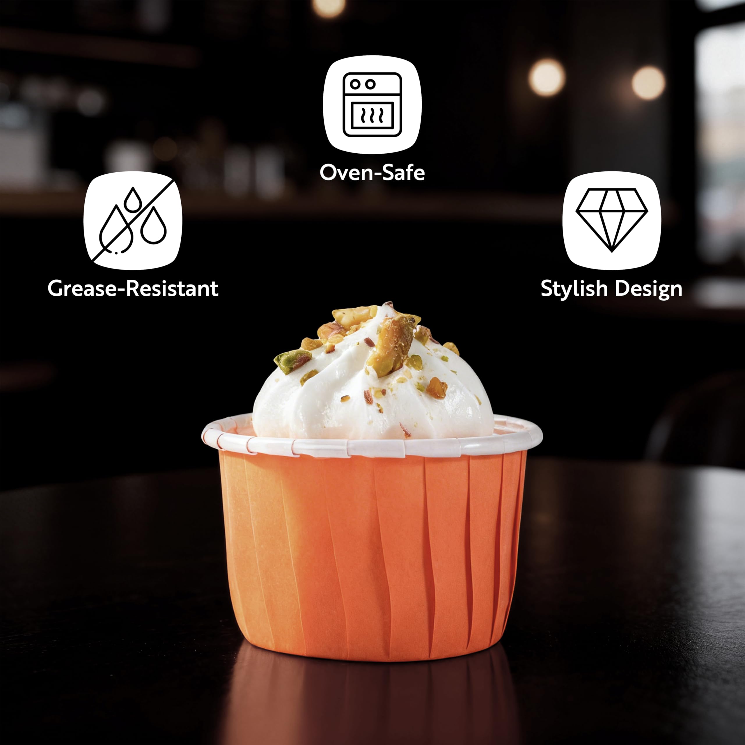 Restaurantware Panificio - Vasos para hornear de 1.6 onzas, 200 envoltorios plisados para cupcakes, listos para horno, desechables, papel naranja, para bodas, cumpleaños y más