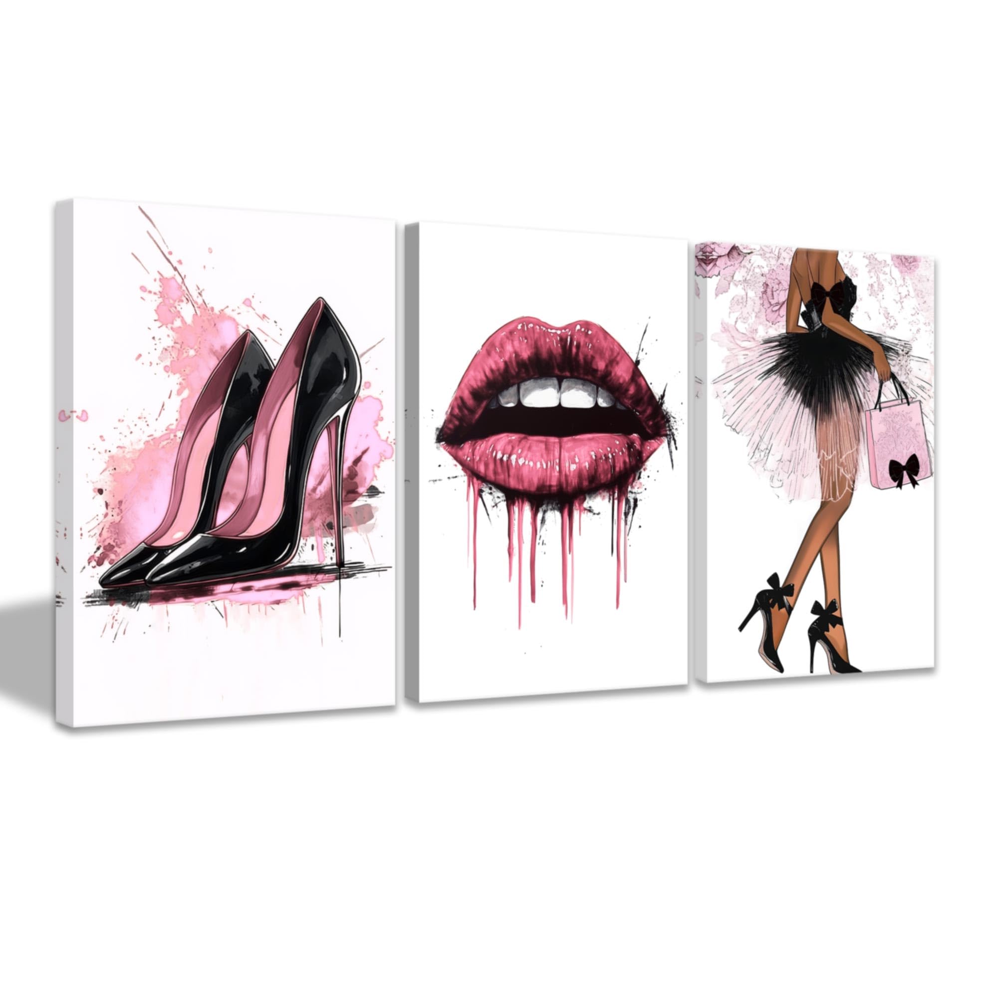 CCWACPP Pink Fashion Canvas Wall Art for Teen Girls Bedroom Pictures 3 Pieces Makeup Room Wall Decor Watercolor Prints Women Lady Beauty Room Decor Framed (50x70cmx3)