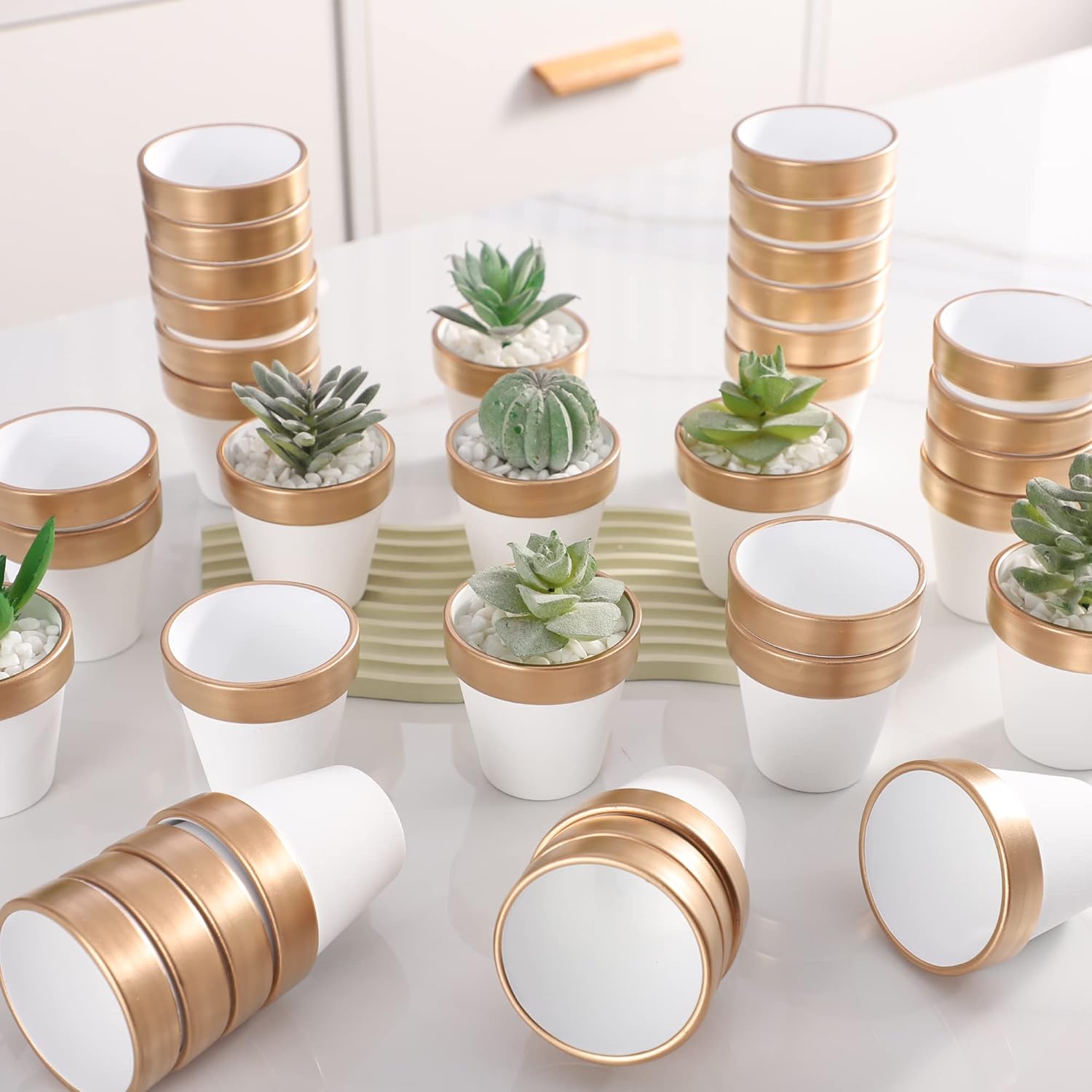 72 PCS Small Mini White&Gold Clay Pots with Drainage Holes,2.5inch Terra Cotta Pot Clay Ceramic Pottery Planter,Succulent Nursery Pot/Cactus Plant Pot,for Indoor/Outdoor Plants, Crafts, Wedding Favor