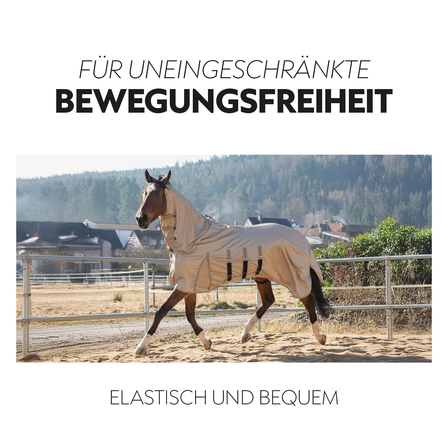 SUNRIDE Fliegendecke für Pferde (Kuba) - mit festem Halsteil - Gehfalte - Schutz für empfindliche Brust - elastische Einsätze - mit UV-Schutz - Bauchlatz und Beingurte verstellbar - braun (105 cm)