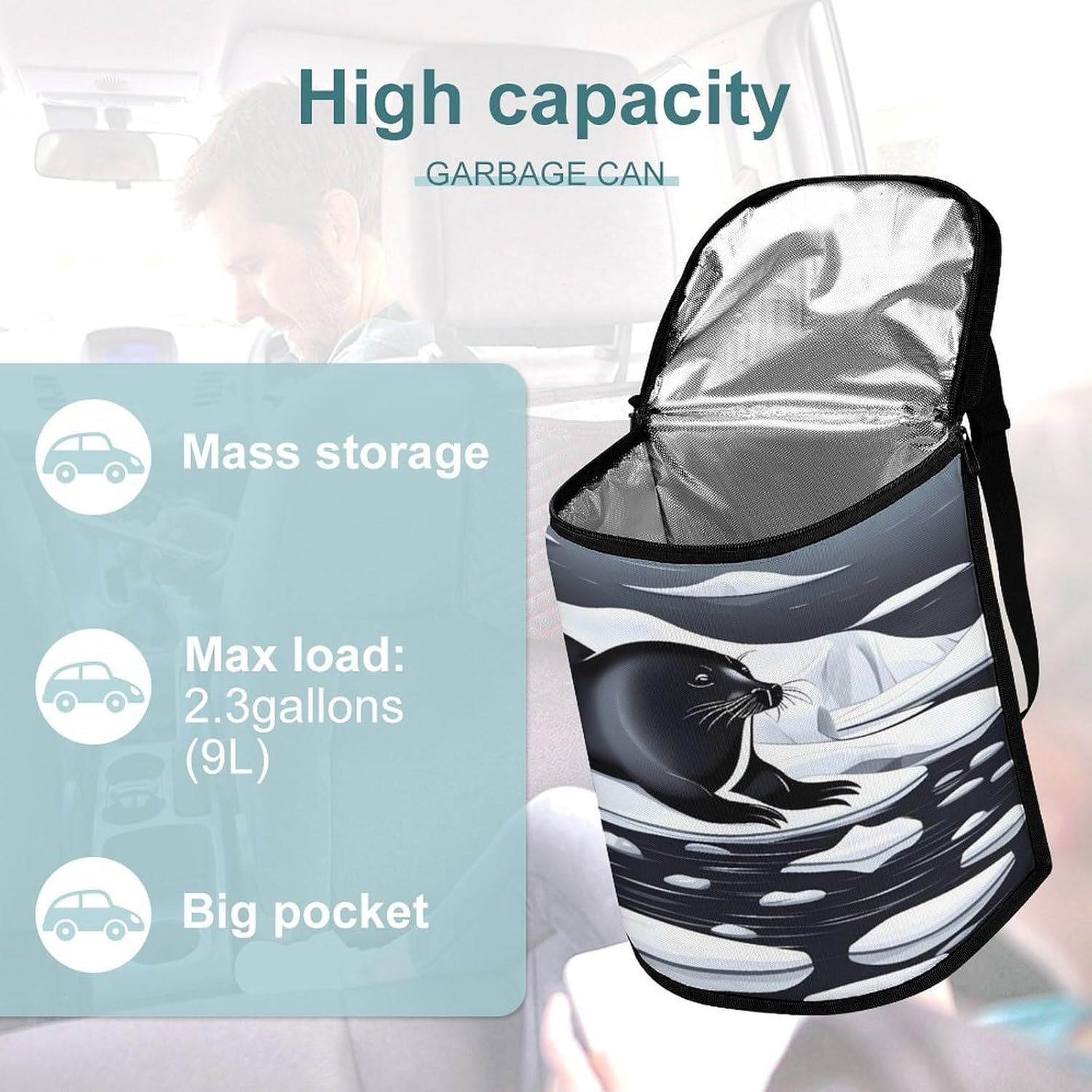 Seals on Ice Car Trash Can Portable Car Garbage Bag with Lid Hanging Leak-Proof Waterproof Cars Trash Bag Large Capacity Automotive Garbage Cans for All Vehicle