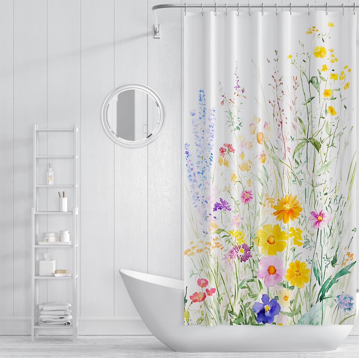 Rideau de Douche Floral printanier avec Crochets, décoration de Salle de Bain Jaune Pastel Rose Bleu et Fleurs Sauvages, Rideau de Baignoire bohème Moderne en Tissu Aquarelle W150xL200 cm