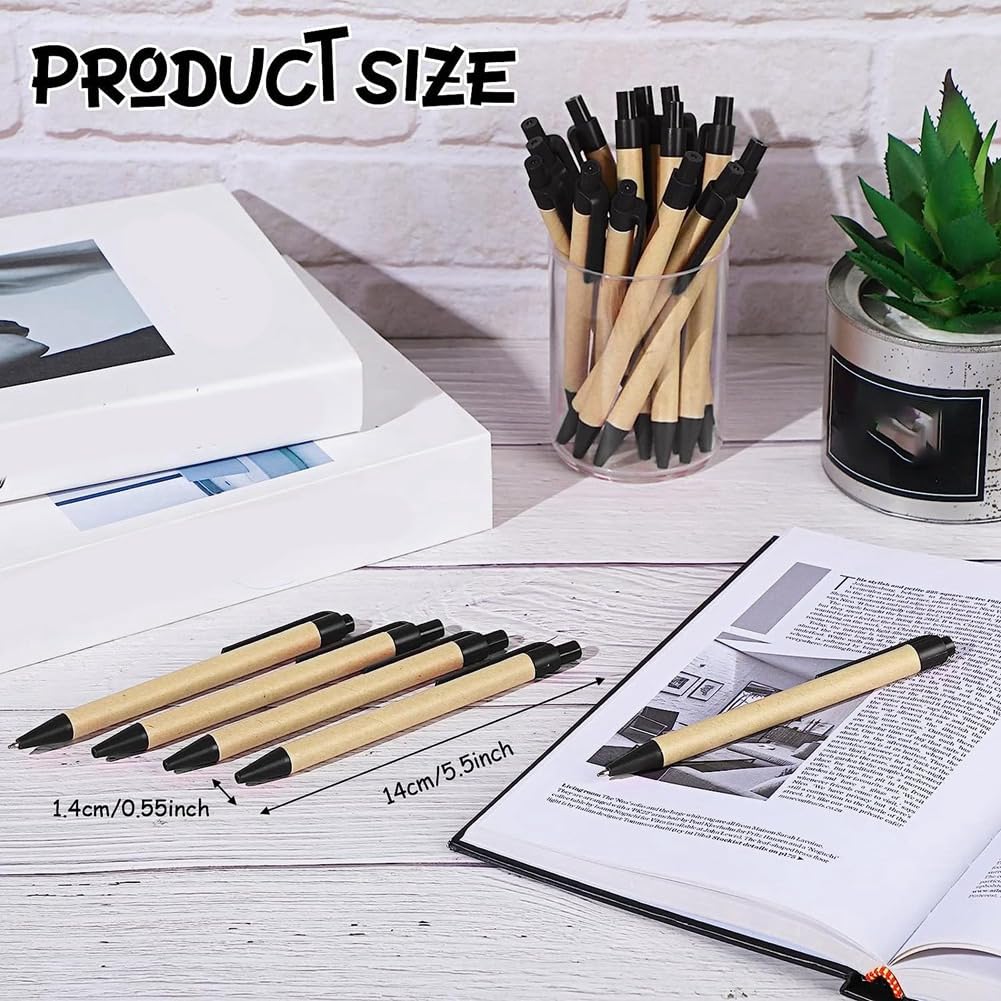 200er-Pack Schwarze Kugelschreiber, Einziehbare Kugelschreiber mit Mittlerer Spitze, Kugelschreiber Aus Recyceltem Kraftpapier, Großpackung für Büro und Schule
