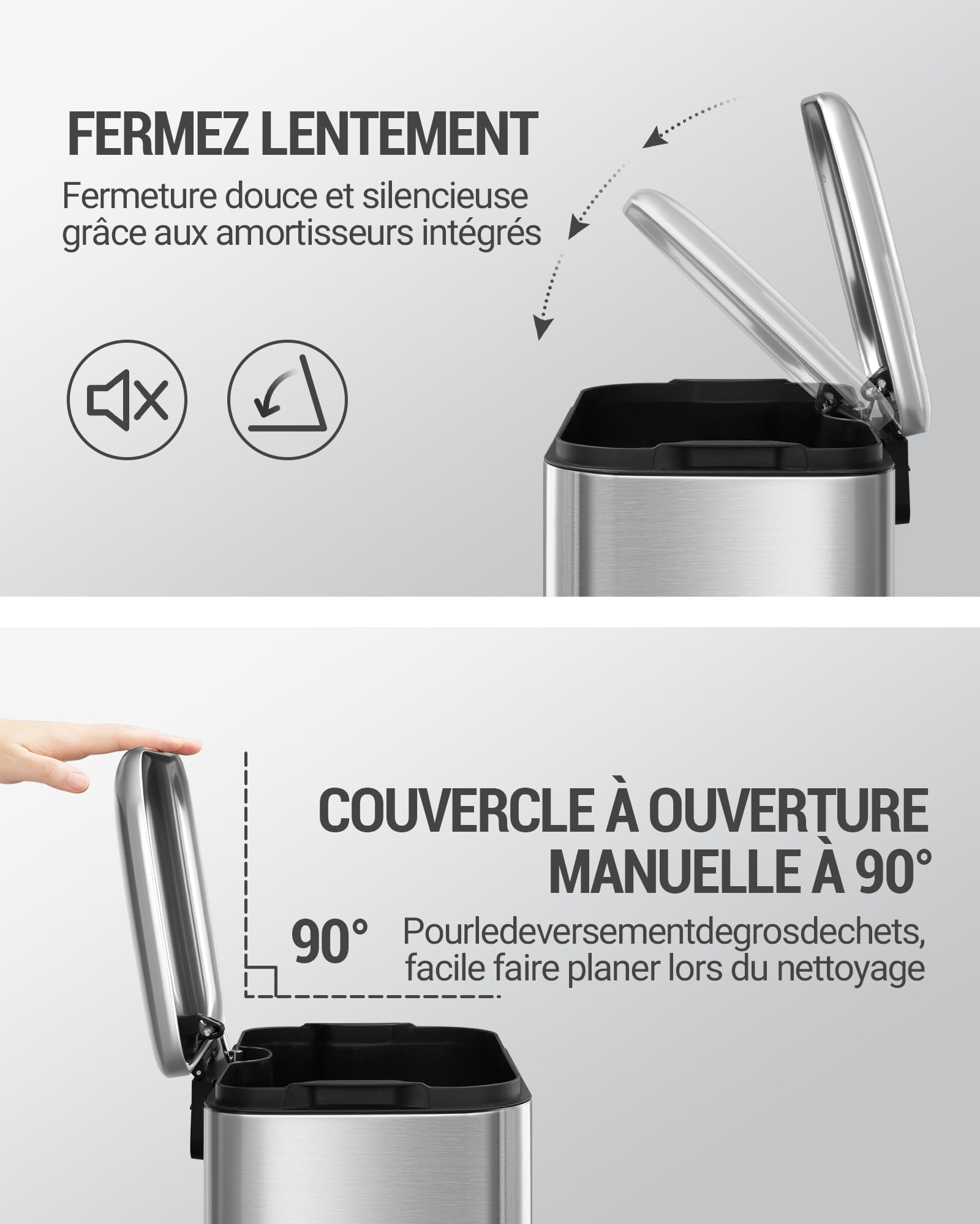 Hzuaneri Poubelle de Cuisine 20L, Poubelle Bureau, avec Pédale, avec Couvercle à Fermeture en Douceur, en Acier, Seau Intérieur, avec 15 Sacs Poubelles, Argent SW12099B