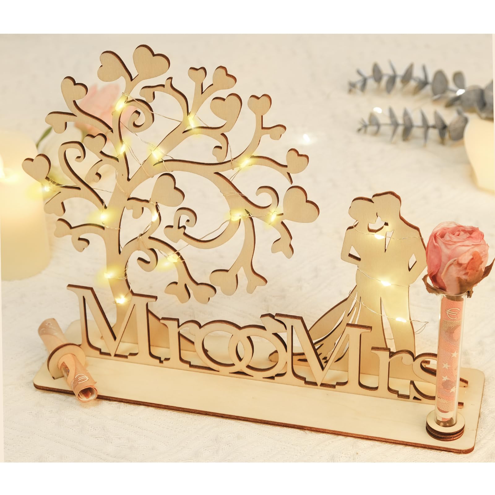 ARTREE Holz Geldgeschenk Hochzeit für Brautpaar – Herz Lebensbaum Hochzeitsgeschenk mit Lichterketten, Romantische Hochzeitsgeschenk mit Mr & Mrs Deko