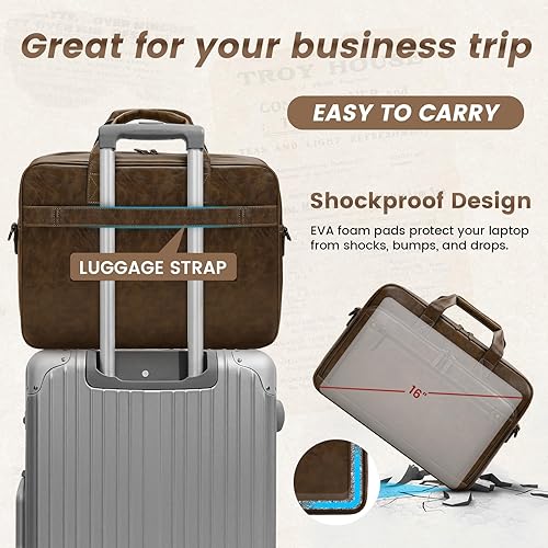 Miniatura 5 de RAINSMORE Bolsa de cuero para laptop para hombre, de 16 pulgadas, estilo vintage, bandolera grande para el hombro, oficina, computadora, retro, para