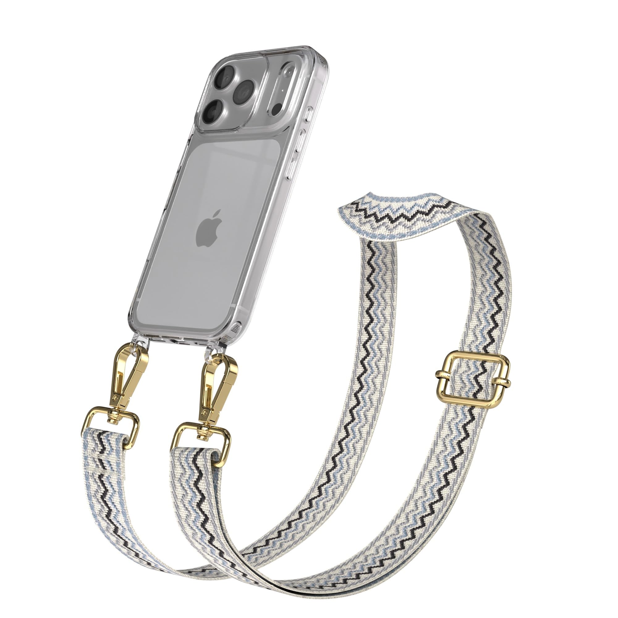 EAZY CASE Handykette – Verstellbares Taschenband kompatibel mit iPhone 17 Pro, Schulterriemen, Silikon Hülle, Umhängetasche, Wellen – Beige Blau Metall Gold
