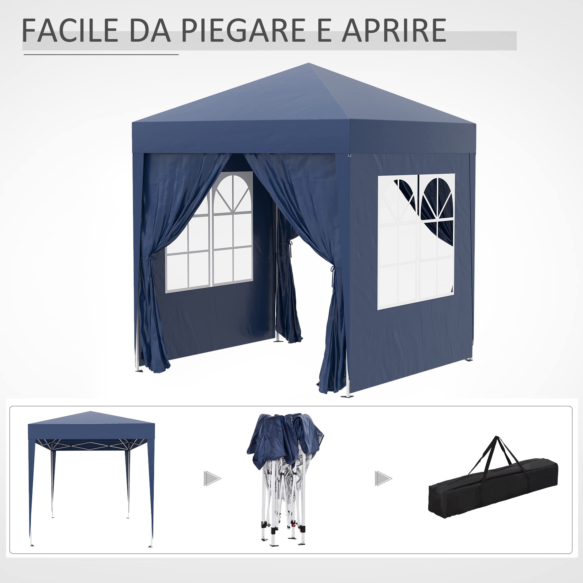 Outsunny Gazebo 2x2 m Pop-up Impermeabile con 4 Pareti Rimovibili, Gazebo Pieghevole in Metallo e Poliestere con Borsa da Trasporto, Blu