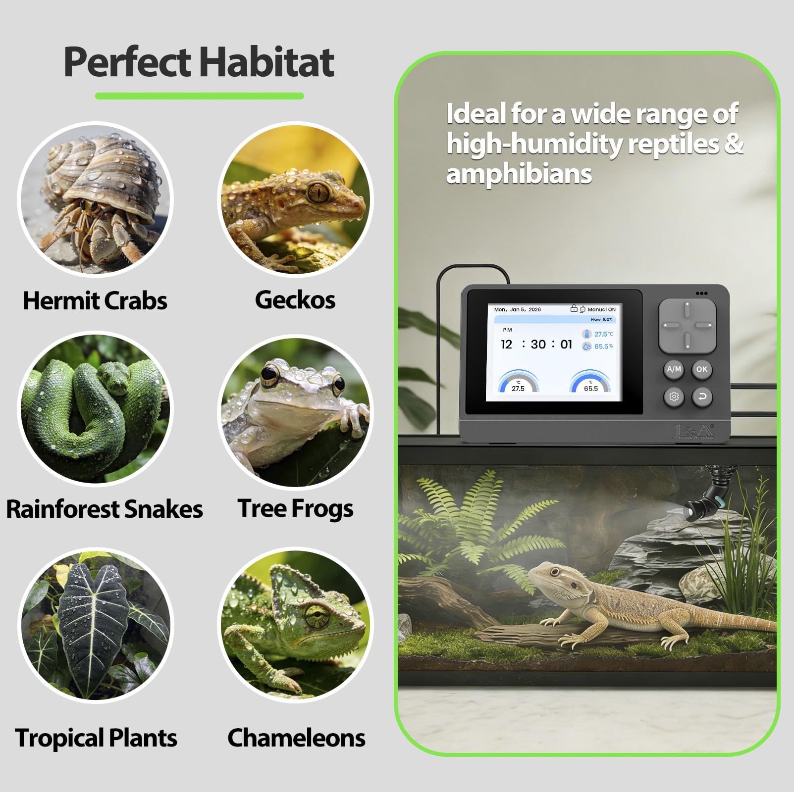 J&A Reptile Mister - Sistema de nebulización automático para tanque de reptiles y terrario, nebulizador automático con boquillas de pulverización ajustables, funcionamiento silencioso para lagartos