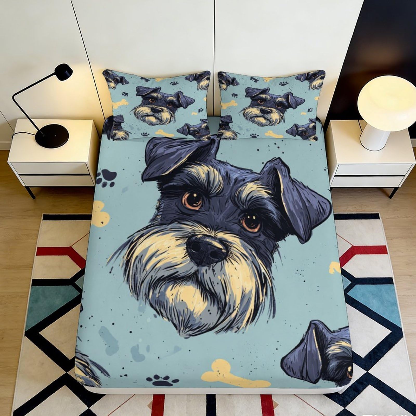 3D Printed Schnauzer Dog Pattern Fitted Sheet Microfiber Blue Cartoon Bone Bed Cover for Bedroom Dorm Easy Care Decor 90x200x25cm