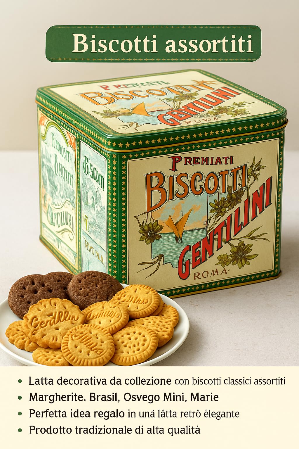 Latta Biscotti Assortiti 1kg – Edizione Retrò da Collezione con Margherite, Brasil, Osvego Mini e Marie – Idea Regalo Elegante con Selezione Classica di Biscotti Italiani Tradizionali