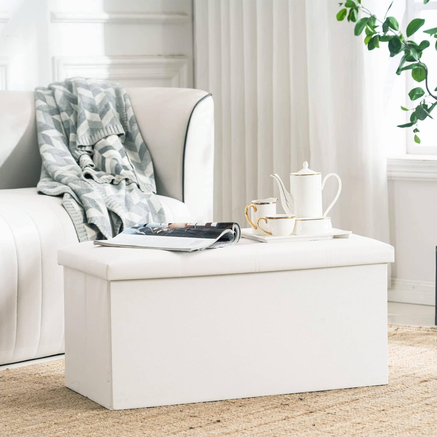 BOLLI Pouf avec Espace de Rangement 76x38x38 cm, Canapé Pouf avec Coffre de Rangement, Repose-Pieds en Forme de Cube avec Couvercle Rembo -Blanc