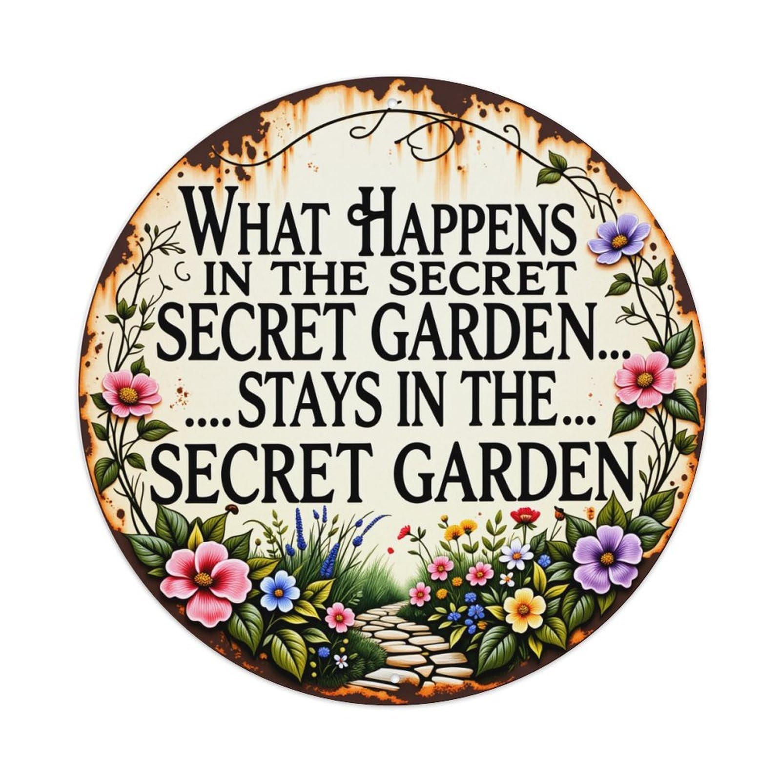 Floral Path Secret Garden Sign Round Tin Sign Vintage Style Metal Sign Home Bar Garden Wall Plaque Decor Metal Poster 8x8 Inch