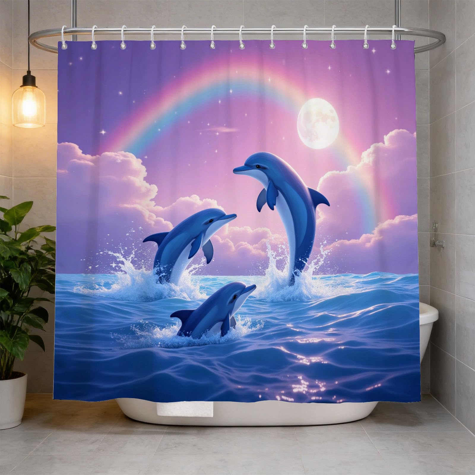 Hongduo 3D Dolphin Shower Curtain for Stalls Bathtubs Cartoon Bathroom Decor Shower Curtain Set Polyester Fabric Waterproof 200x200cm/79X79 Inch with Hooks