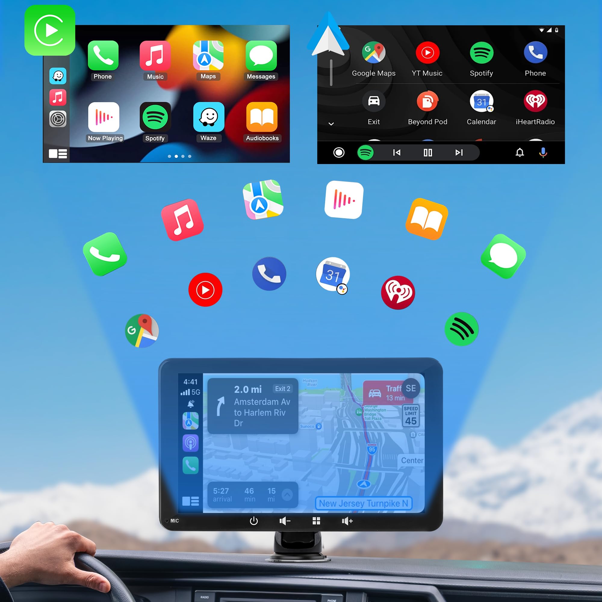 Portable carplayy Voiture, 7''Écran Portable sans Fil avec Wireless CarPlayy,Tablette pour Voiture avec BT, FM, Type C,Aux-in