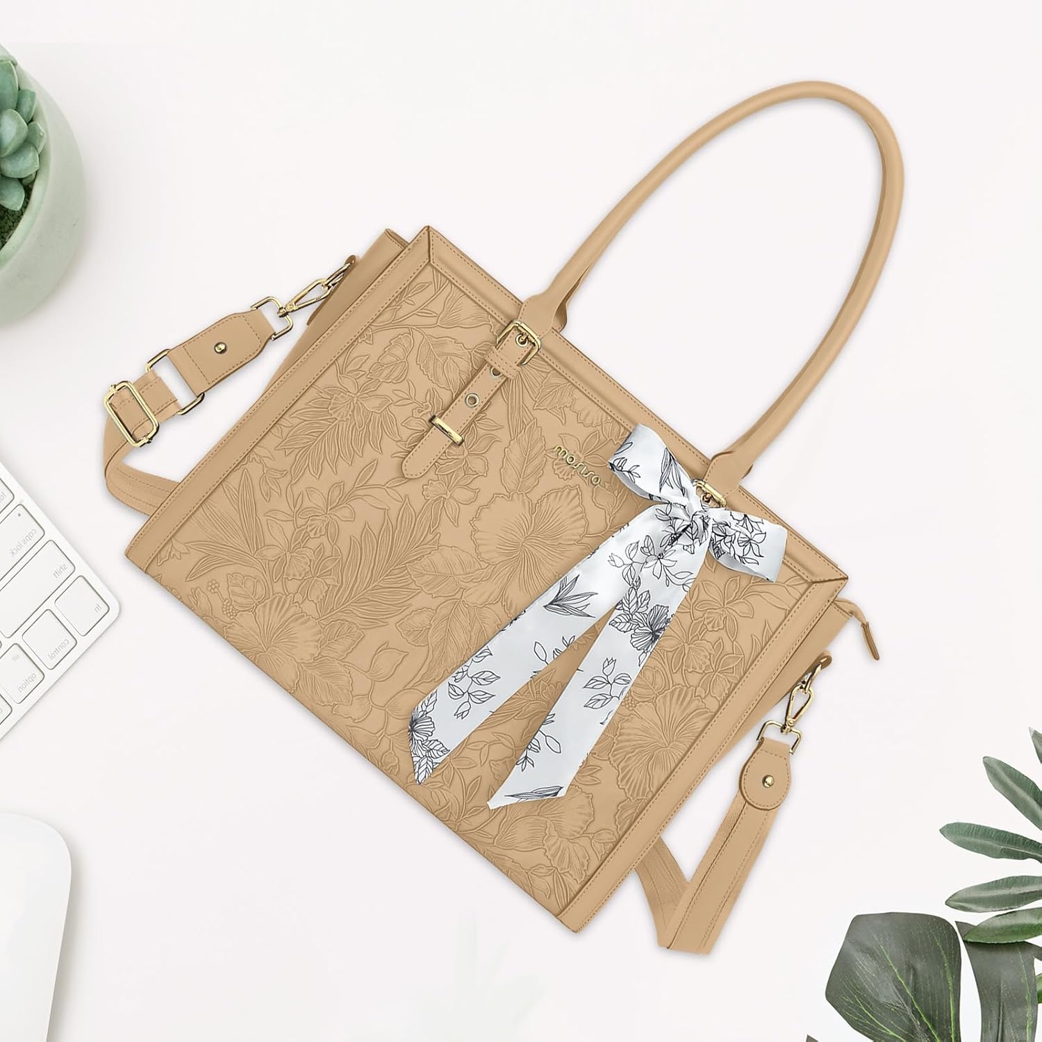 MOSISO Laptop Bag for Women, PU Leather Tote Bag, Front Embossed Retro Hibiscus Computer Bags with Silk Scarf&Clutch Purse Apricot 17.3 inch image 7 of 7 B0DHZ6MVDN