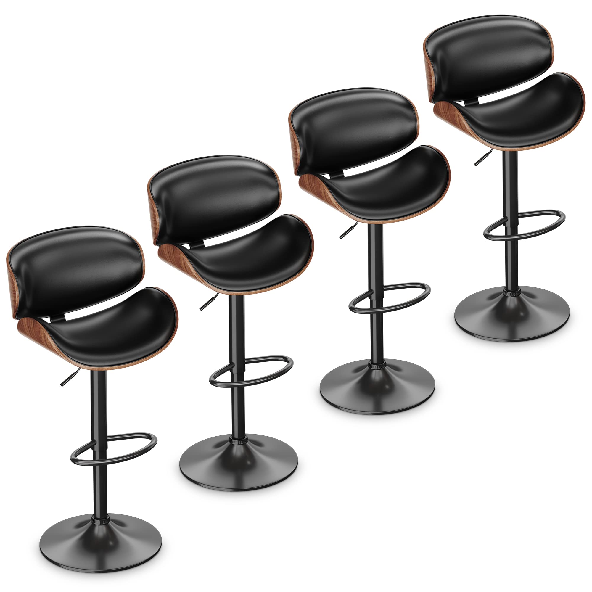 ONME Bar Stools Set of 4, Bentwood Adjustable Height Swivel Bar Stools, PU Leather Upholstered Bar Chair with Back and Footrest for Bar, Counter,