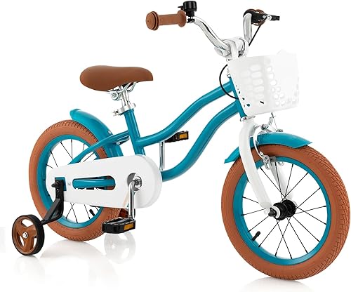 Miniatura 34 de COSTWAY Bicicleta para niños de 12, 14, 16, 18 pulgadas, bicicleta para niños con ruedas de entrenamiento, frenos de mano y posavasos, sillín y